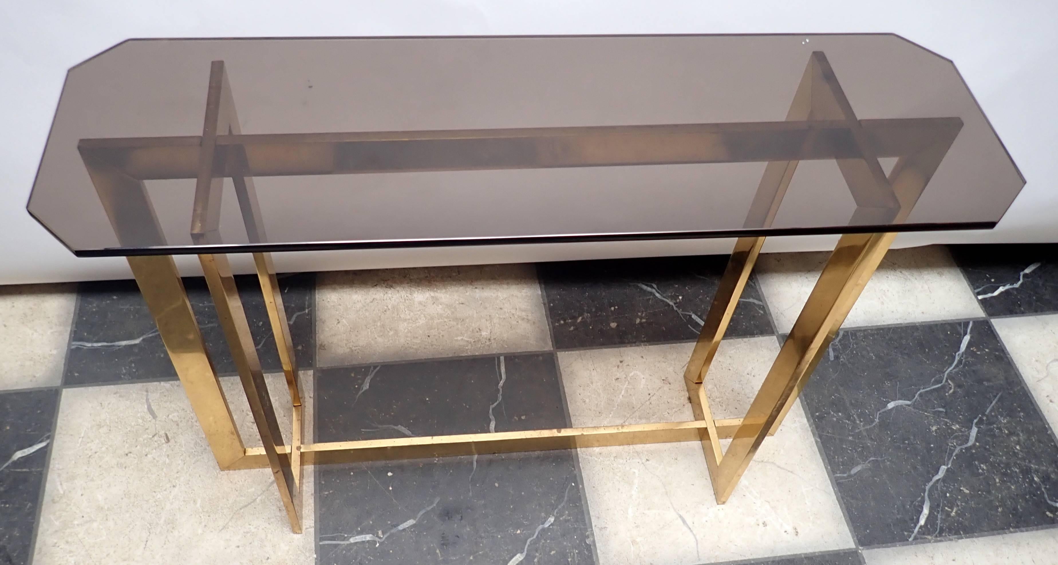 A wonderful vintage Mid-Century Modern brass / bronze geometric transitional base with smoke cut corner glass top console table very well made & sturdy, both the console and glass top are heavy.