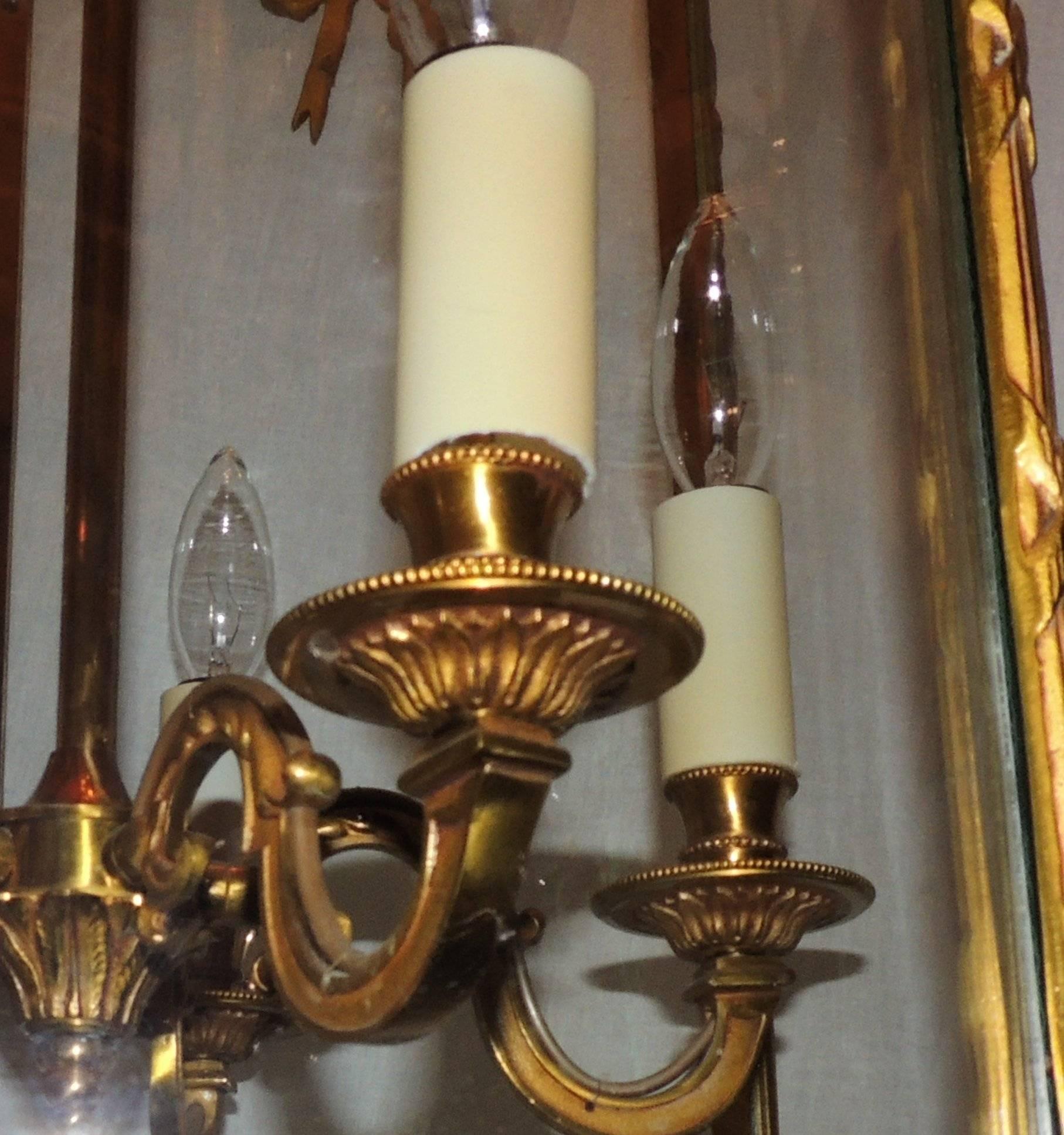 Mid-20th Century Fine Pair Doré Etched Bow Bronze Louis XVI Lantern Fixtures Curved Glass Panels For Sale