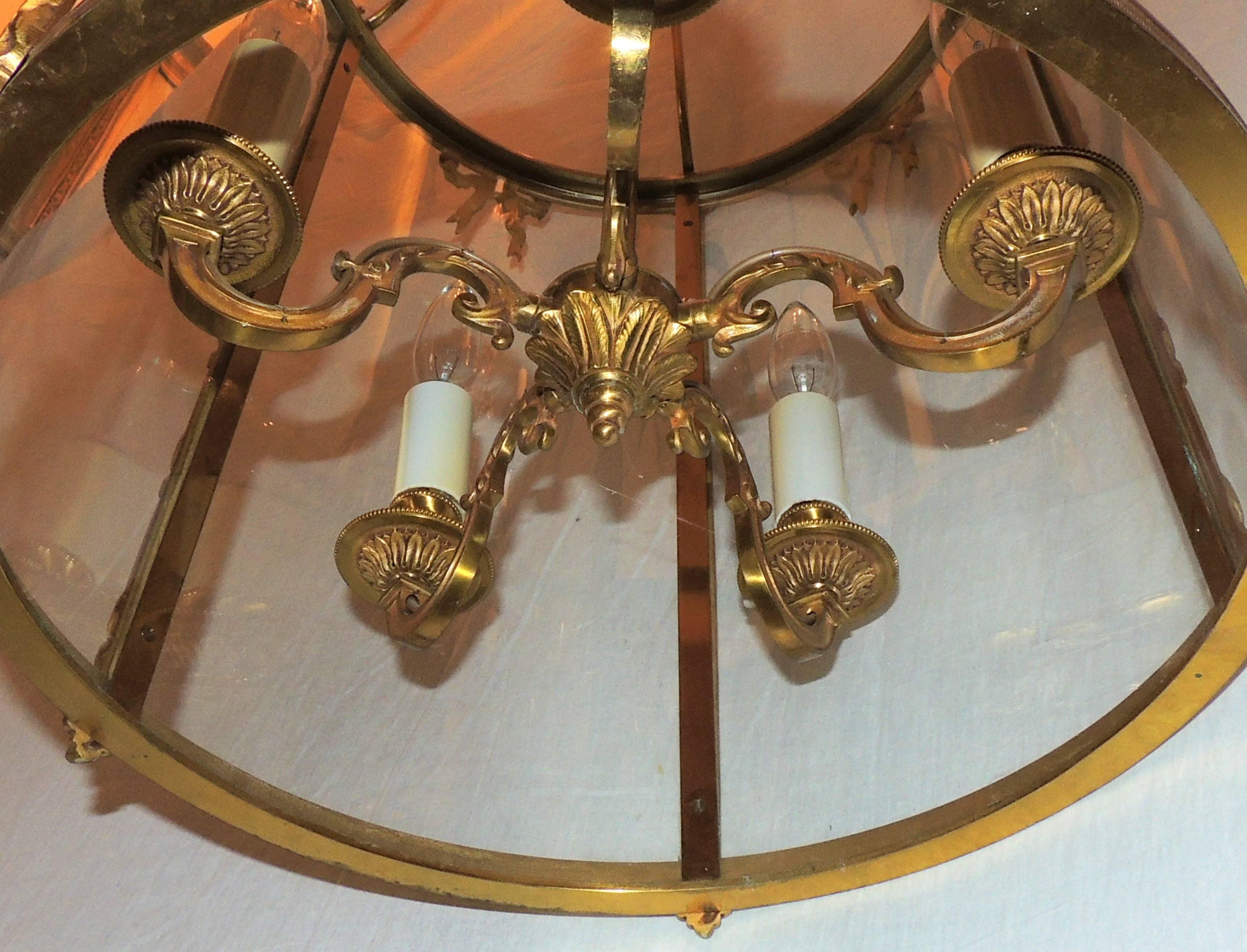 Fine Pair Large Doré Bronze Louis XVI Lantern Fixtures Curved Glass Panels Bows 2