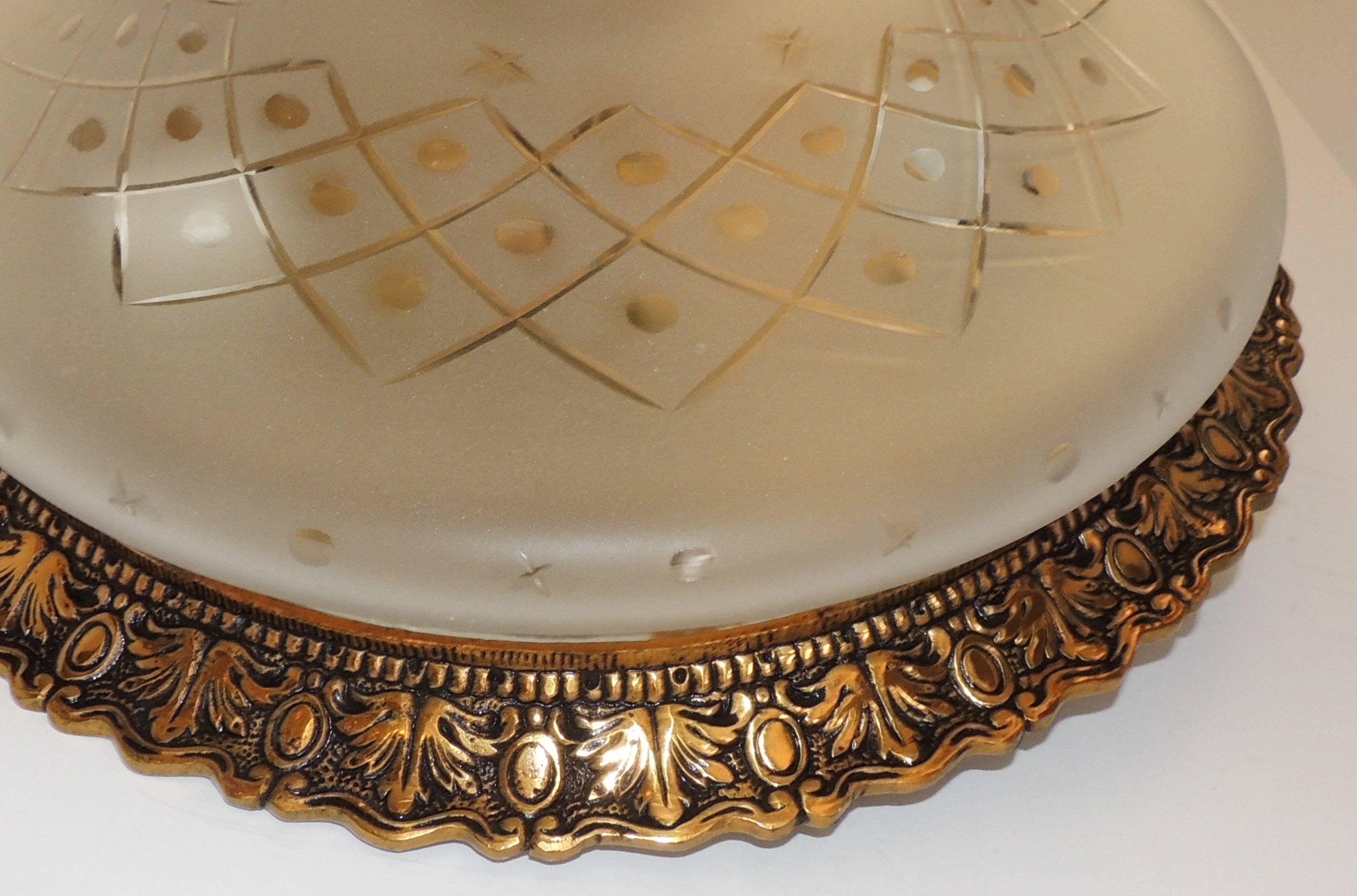 Wonderful French Vintage Neoclassical Bronze Etched Glass Flush Mount Fixture In Good Condition In Roslyn, NY