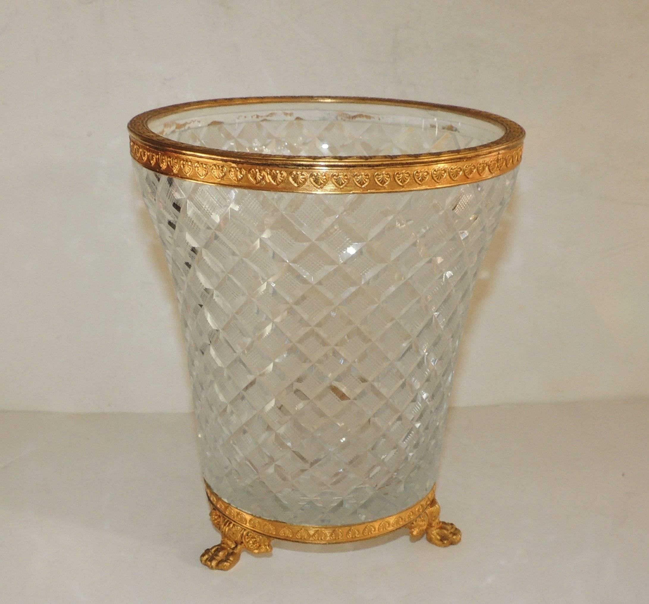 Wonderful French Baccarat Doré Bronze Ormolu Diamond Cut Crystal Ice Bucket Vase 1