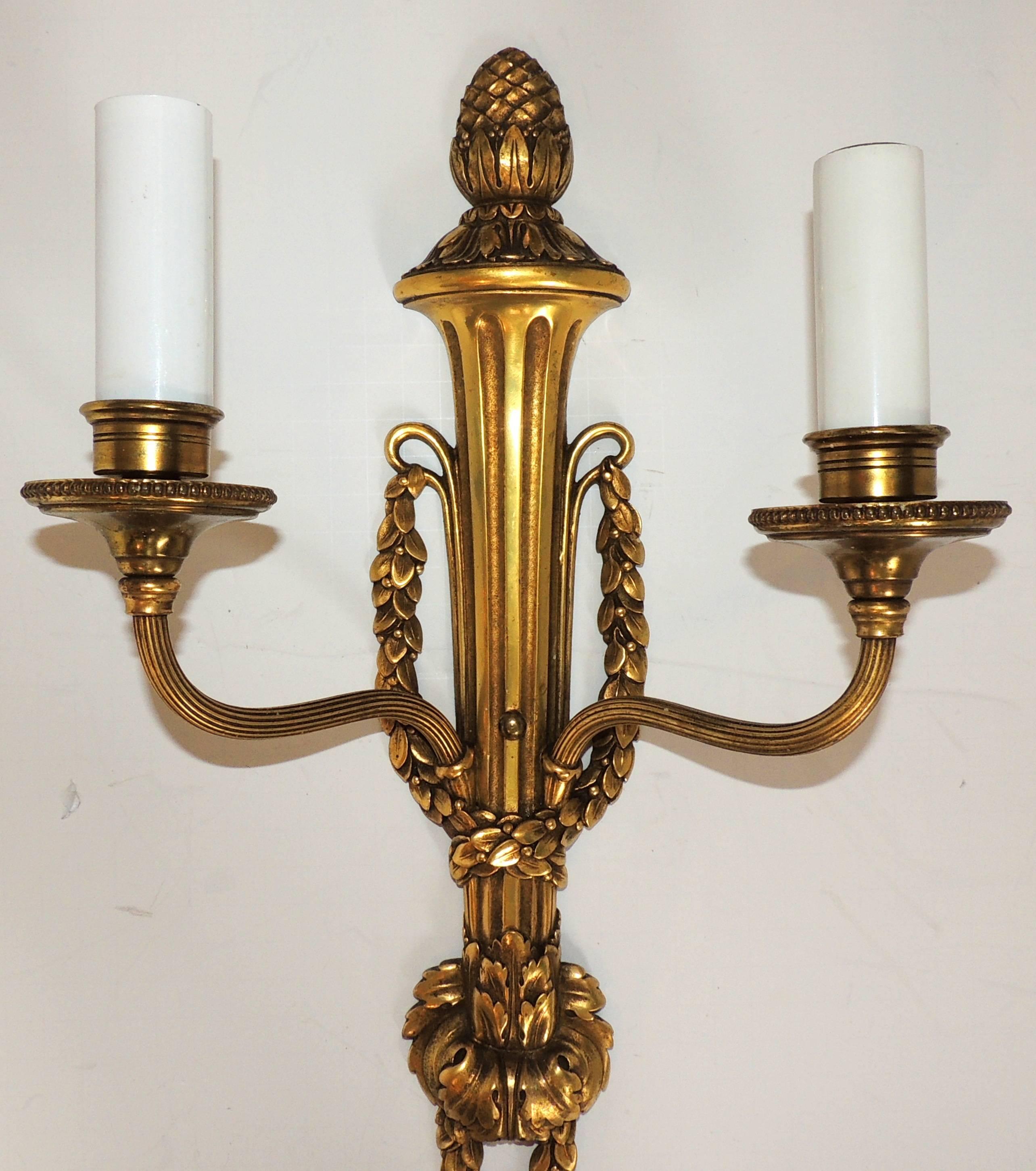 A Handsome Pair Of Stamped E.F. Caldwell Two-Arm Brass / Bronze Wreath Urn Top Neoclassical, Regency Wall Sconces, Rewired With Up To 60 Watt Edison Bulbs And Come Ready To Install & Enjoy.	
