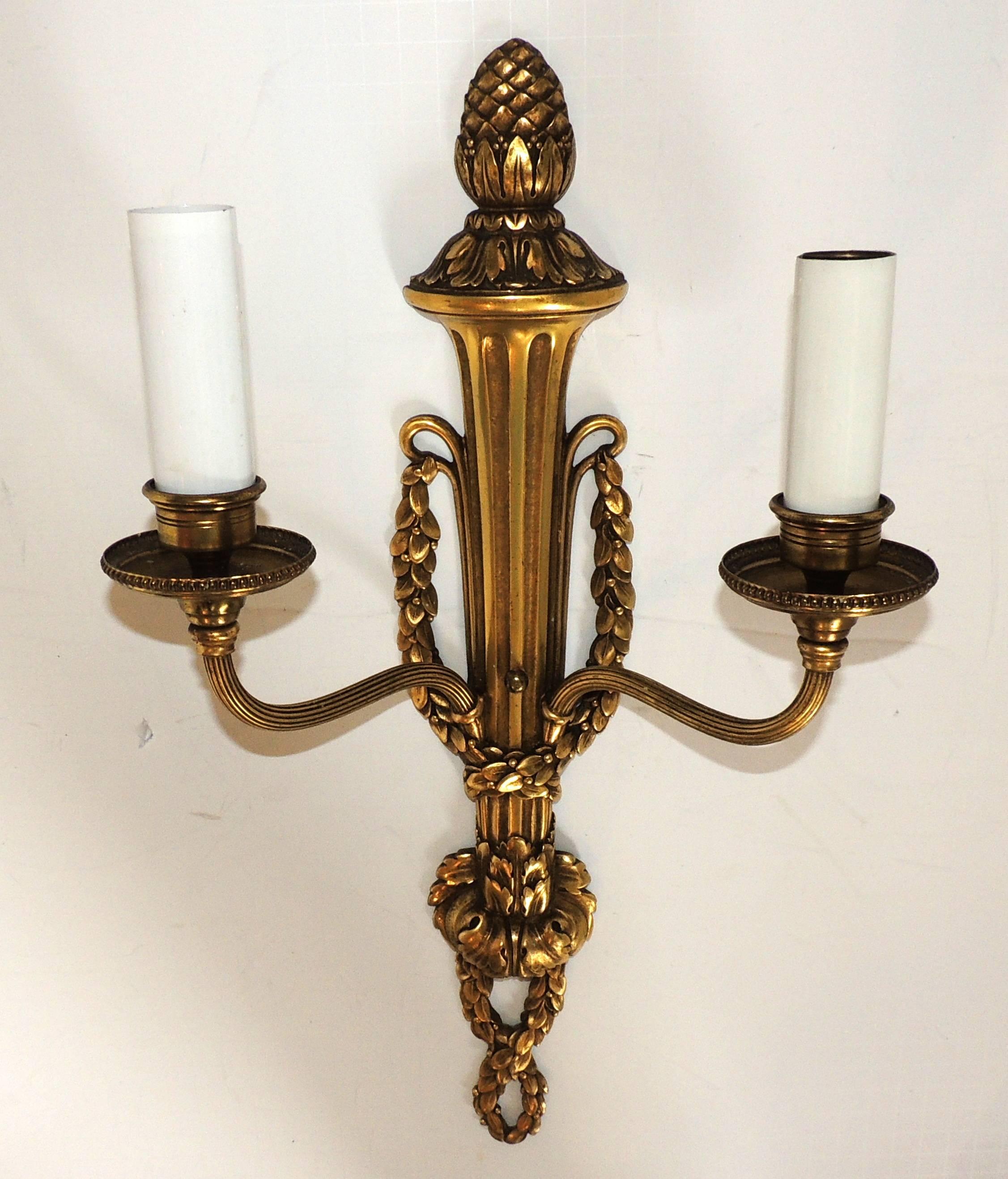 Wonderful Pair Caldwell Two-Arm Brass Bronze Wreath Neoclassical Regency Sconces For Sale 4
