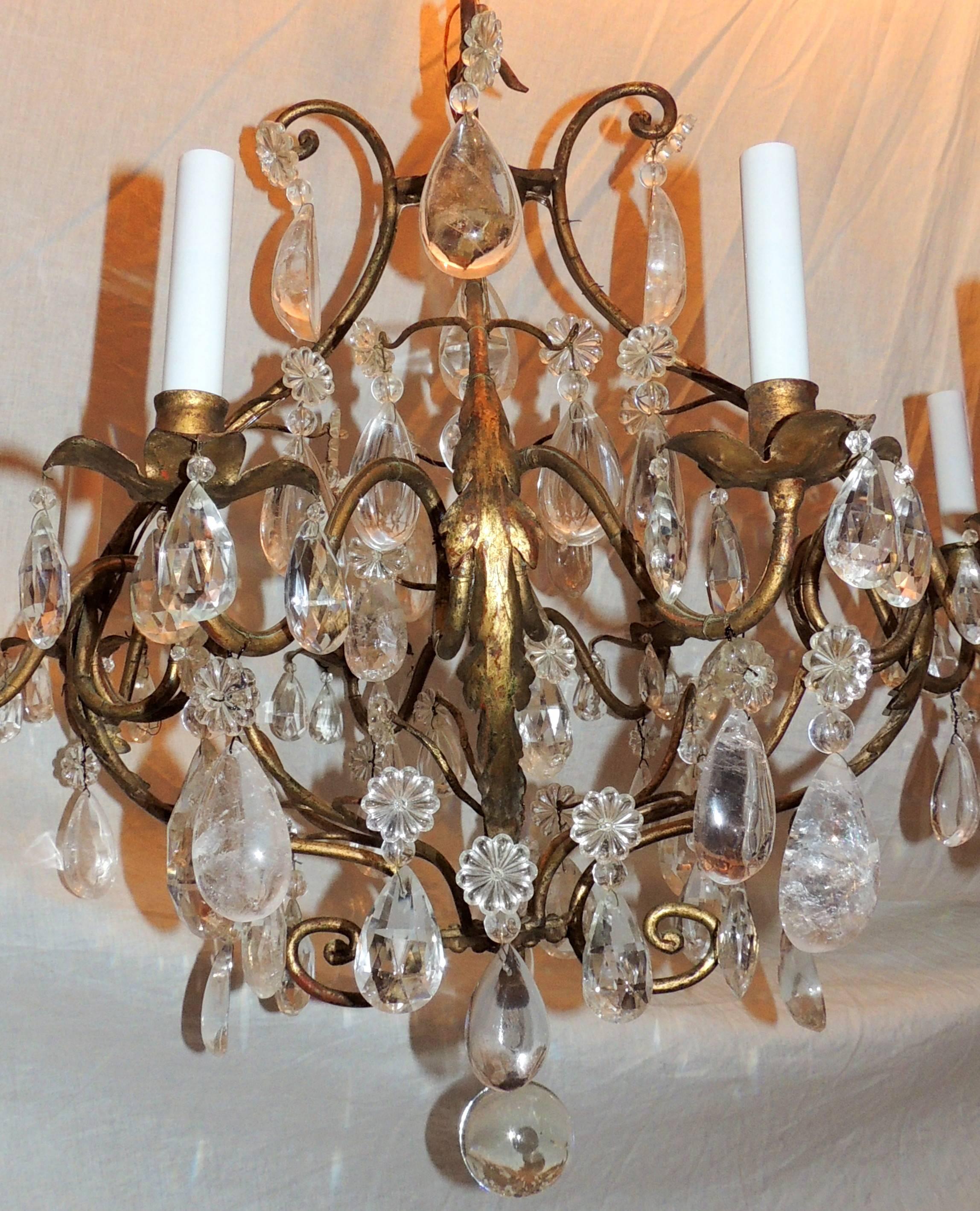 French Rock Crystal Baguès Gilt Eight-Light Leaf Jansen Cage Chandelier In Good Condition In Roslyn, NY