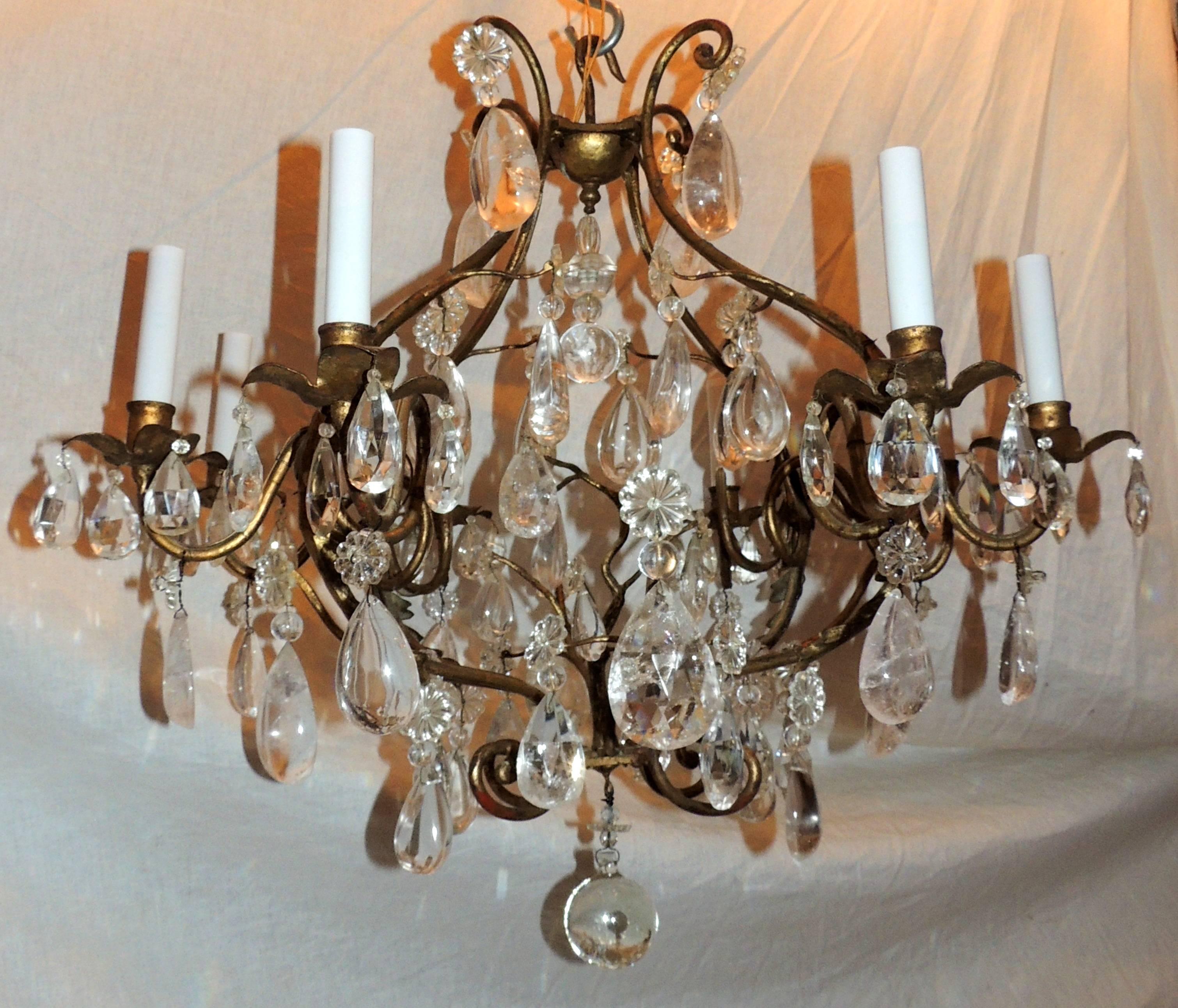 Mid-20th Century French Rock Crystal Baguès Gilt Eight-Light Leaf Jansen Cage Chandelier