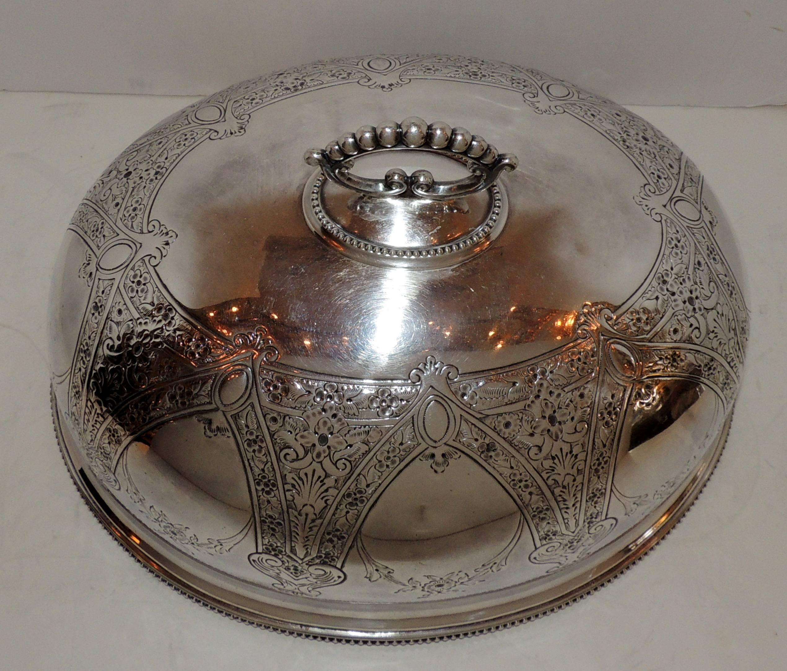 A wonderful large antique silver plated meat / food, turkey dome / cover Victorian cloche serving piece with handle.
