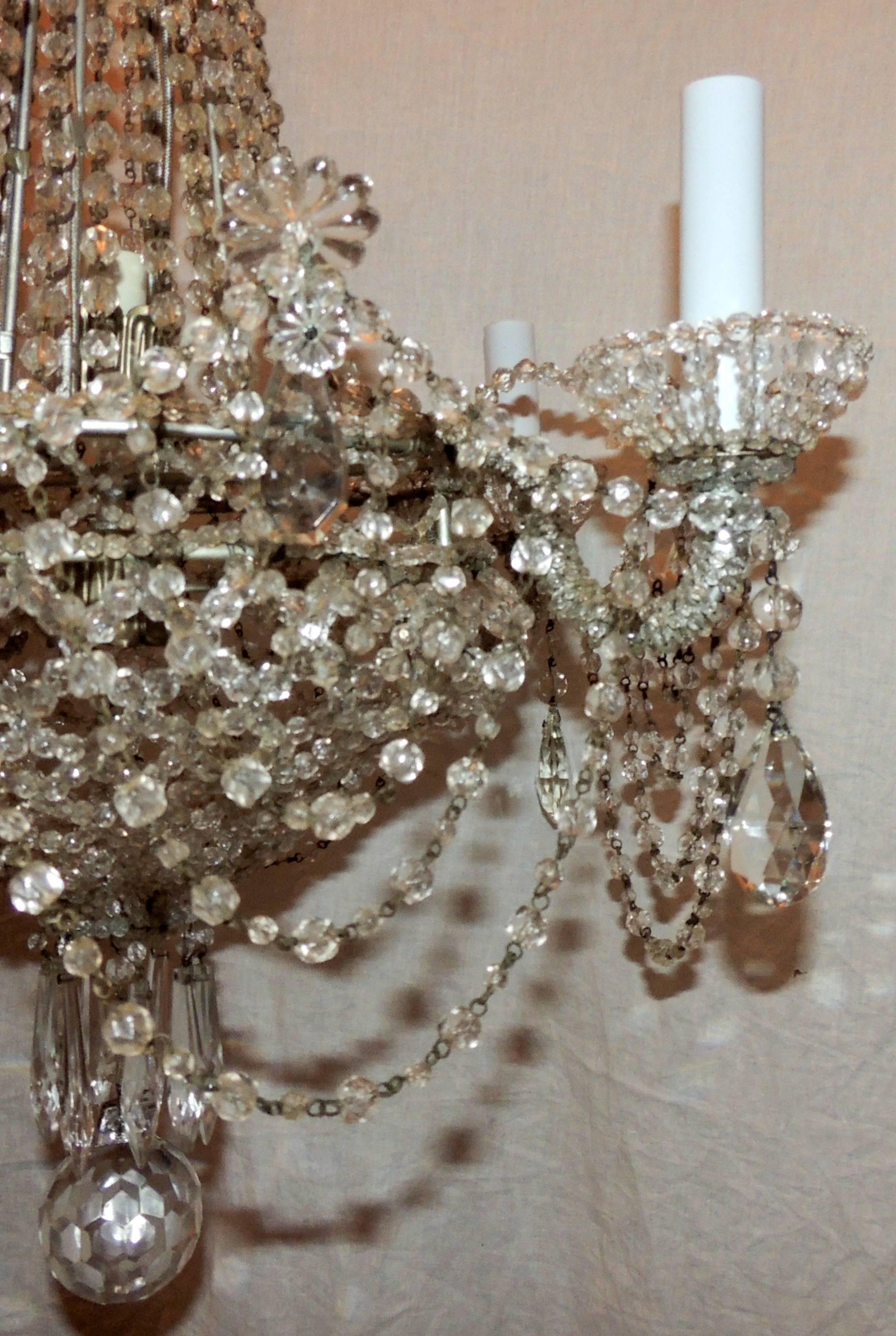 Fine French Beaded Crystal Basket Lattice Cascading Swag Chandelier Fixture For Sale 2