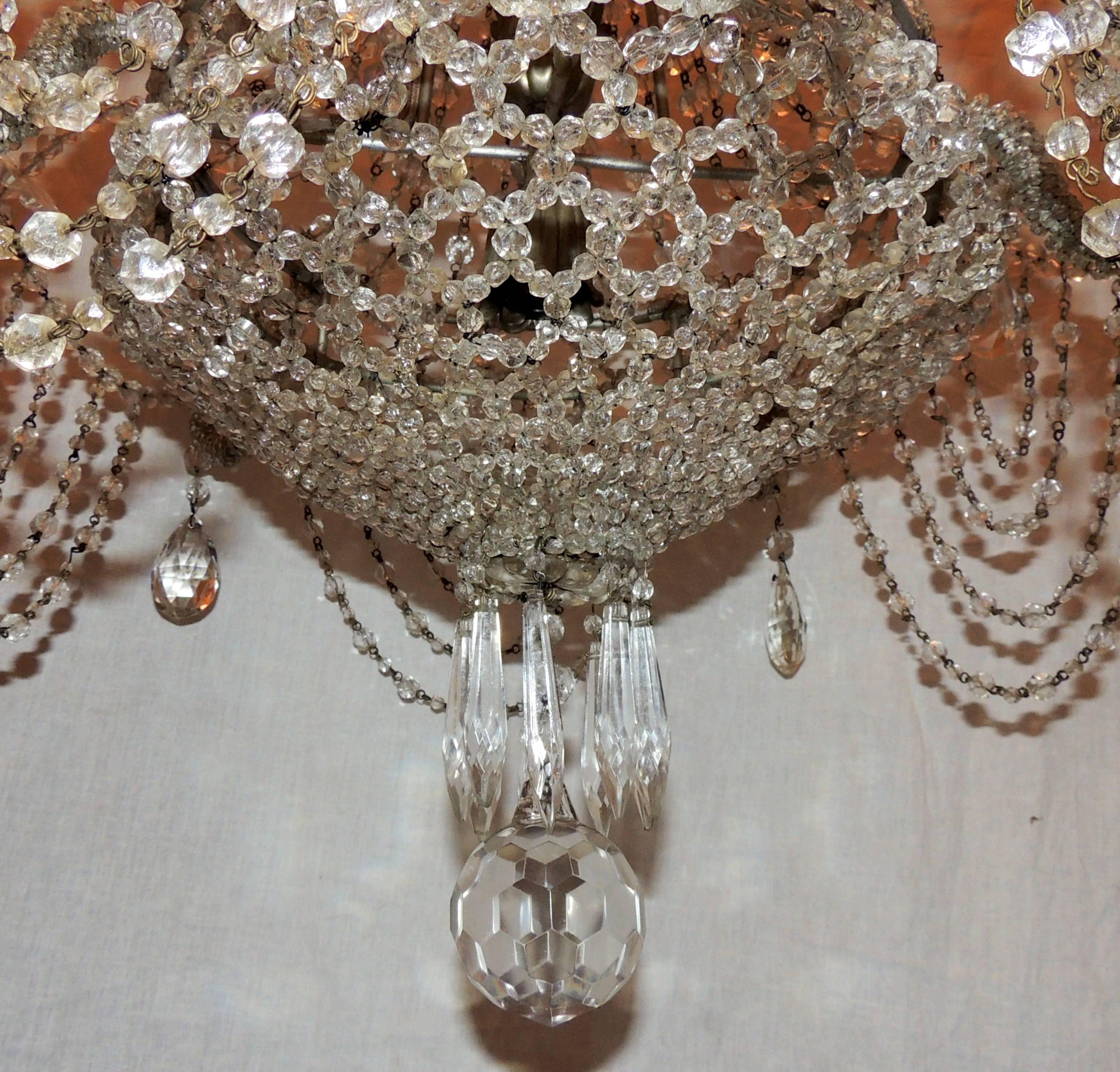 Fine French Beaded Crystal Basket Lattice Cascading Swag Chandelier Fixture For Sale 1