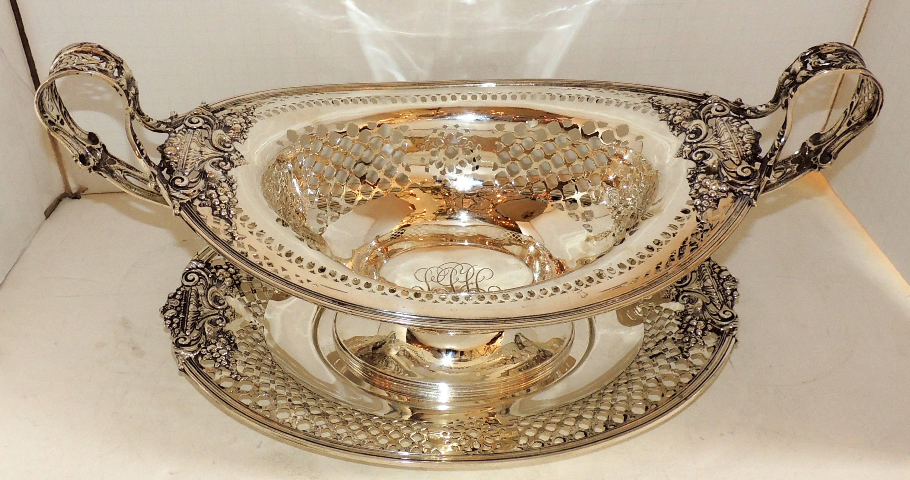 Caldwell Sterling Silver Two-Piece Centerpiece Pierced Handle Bowl & under Tray 2