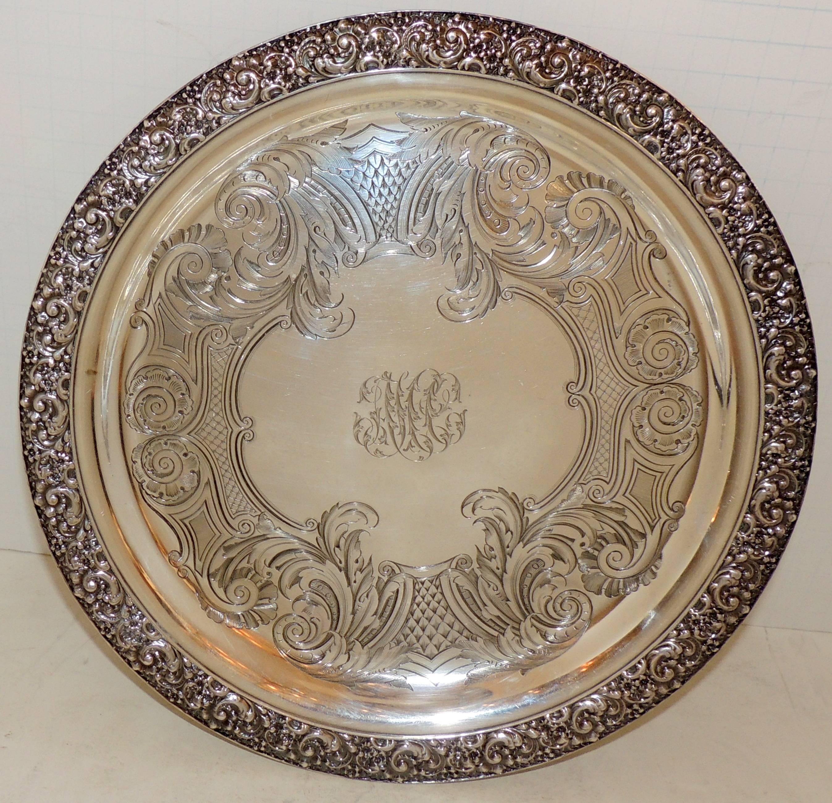 Neoclassical Tiffany Sterling Silver Engraved Round Footed Serving Tray Platter Centrepiece For Sale