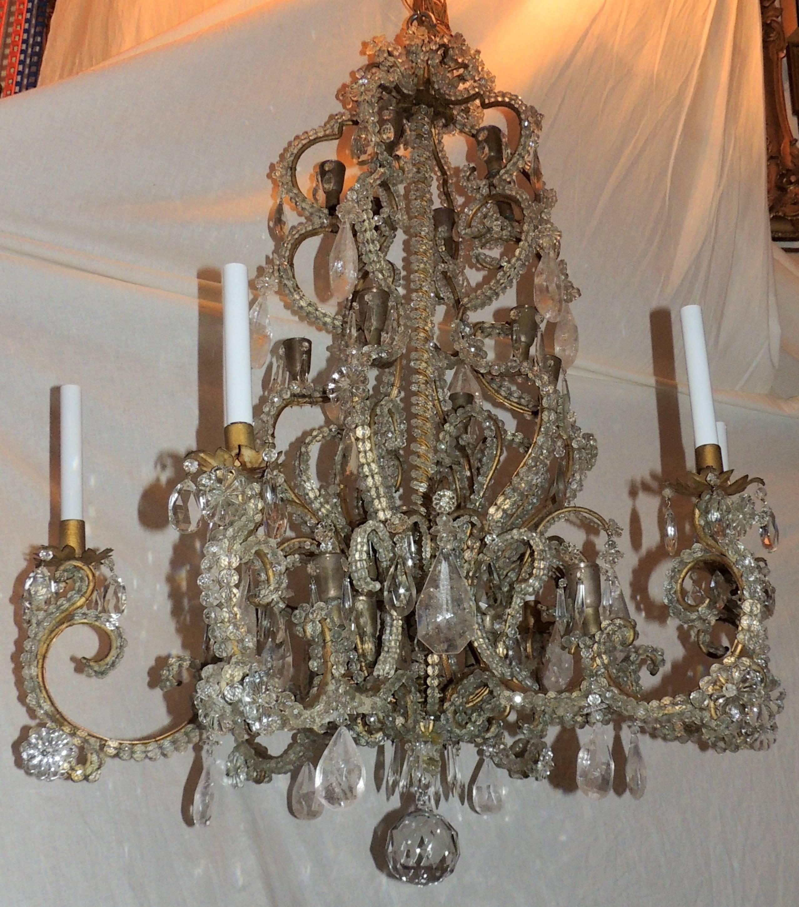 Belle Époque Wonderful Large French Bagues Bronze Beaded Rock Crystal 36 Light Chandelier