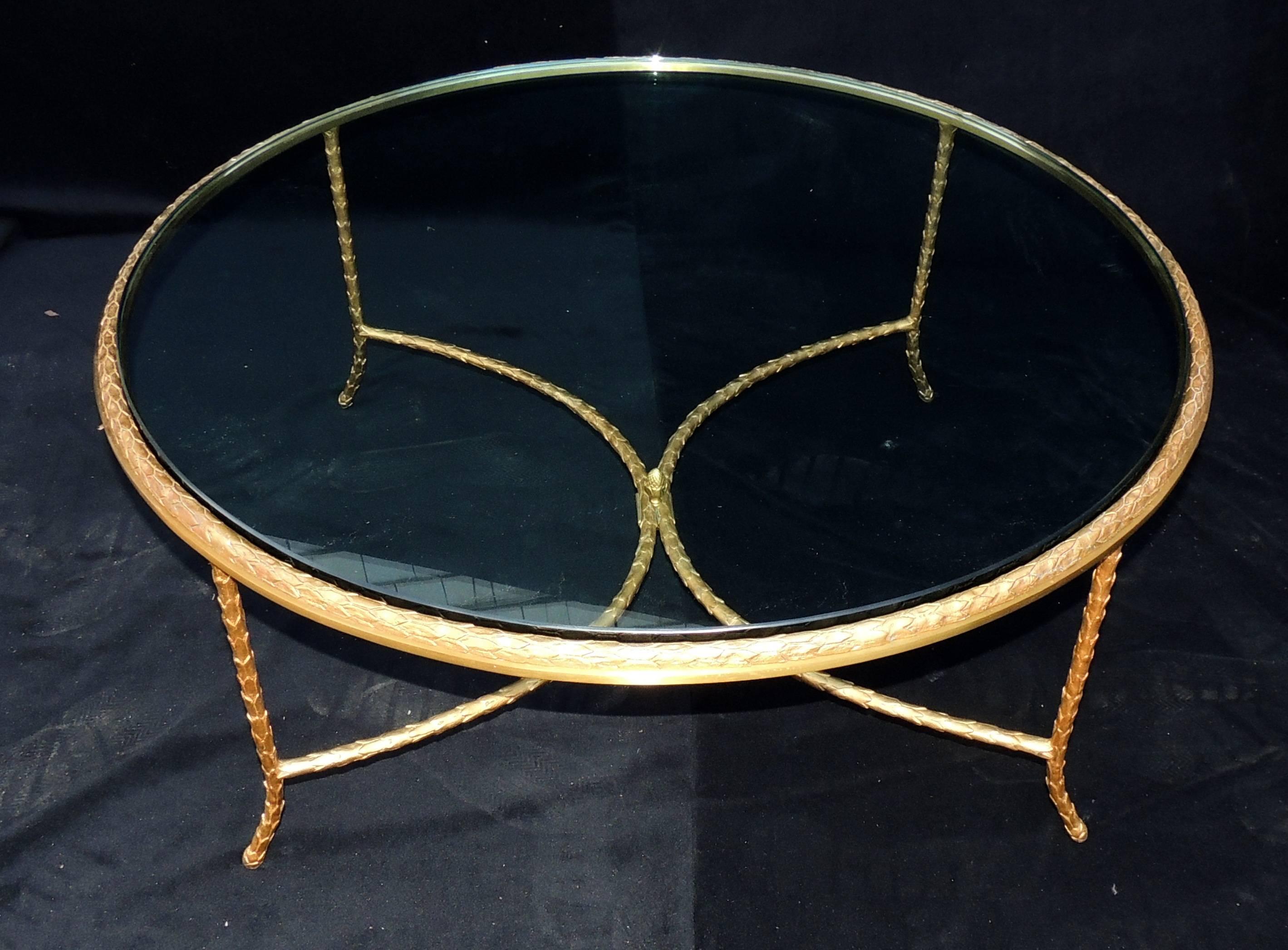 Regency Wonderful French Gilt Bronze Leaf Round P.E. Guerin Glass Coffee Cocktail Table
