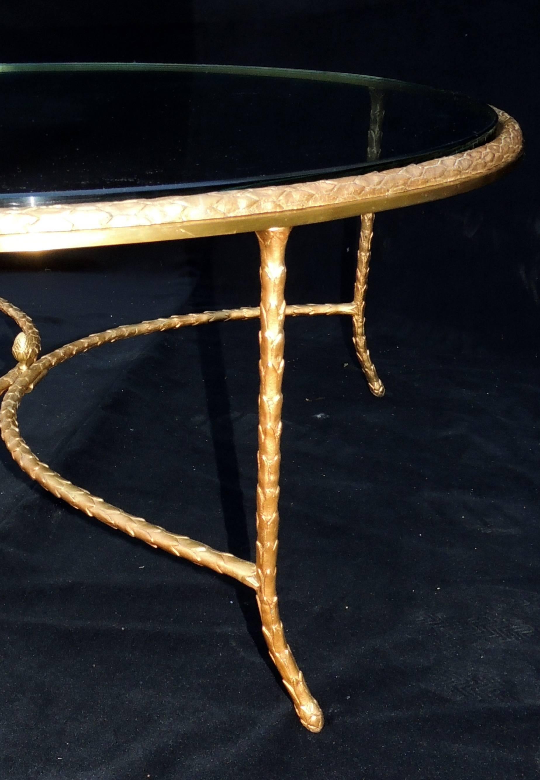 Wonderful French Gilt Bronze Leaf Round P.E. Guerin Glass Coffee Cocktail Table 1