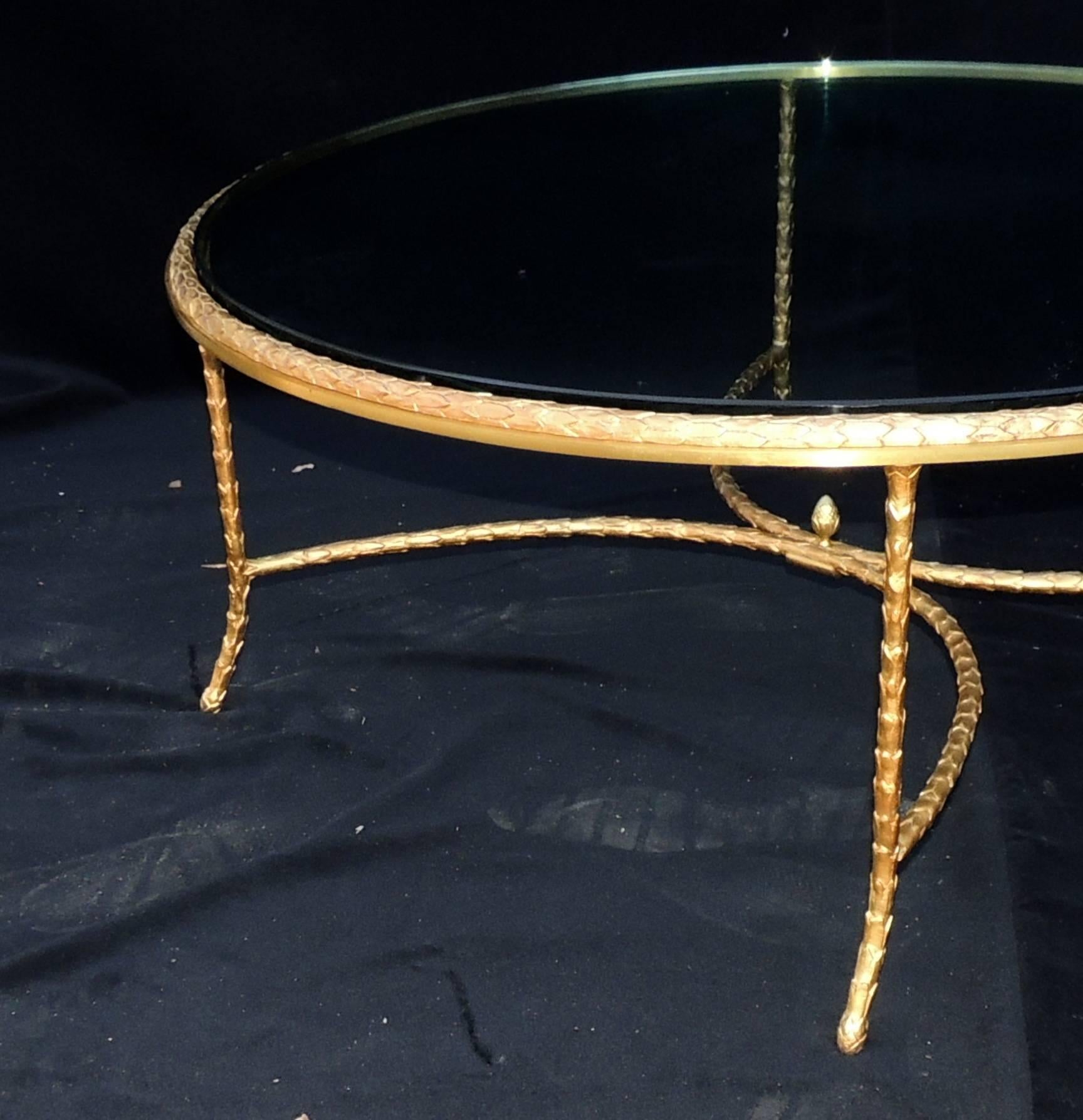 Wonderful French Gilt Bronze Leaf Round P.E. Guerin Glass Coffee Cocktail Table 2