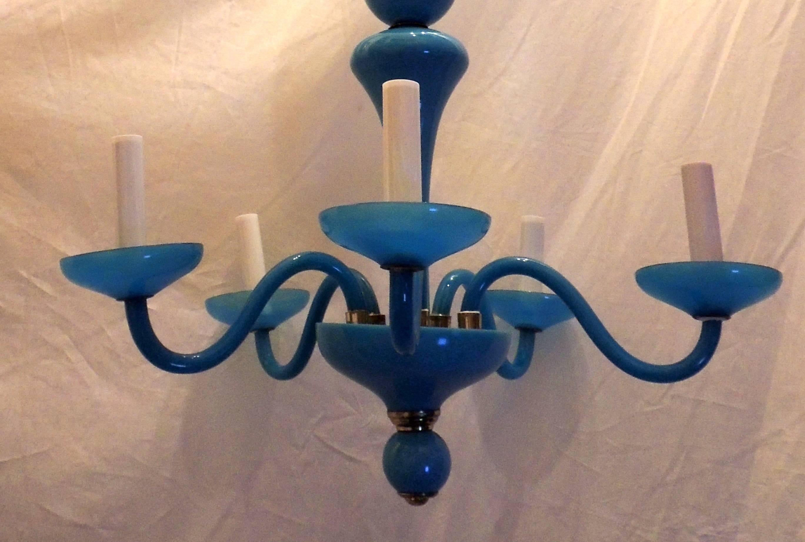 Mid-Century Modern Wonderful French Blue Opaline Glass Brass Chandelier Five-Light Fixture