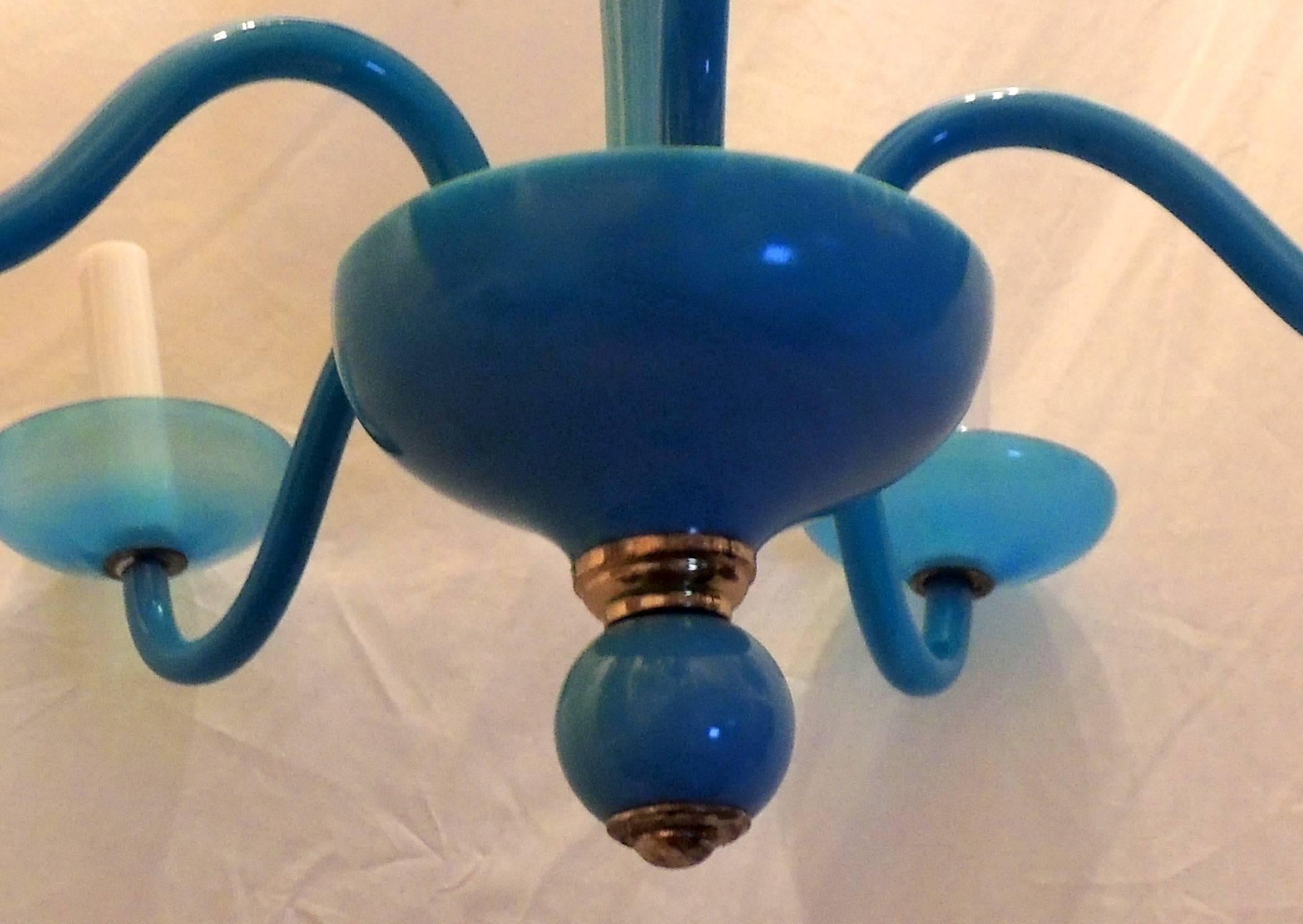 Wonderful French Blue Opaline Glass Brass Chandelier Five-Light Fixture In Good Condition In Roslyn, NY