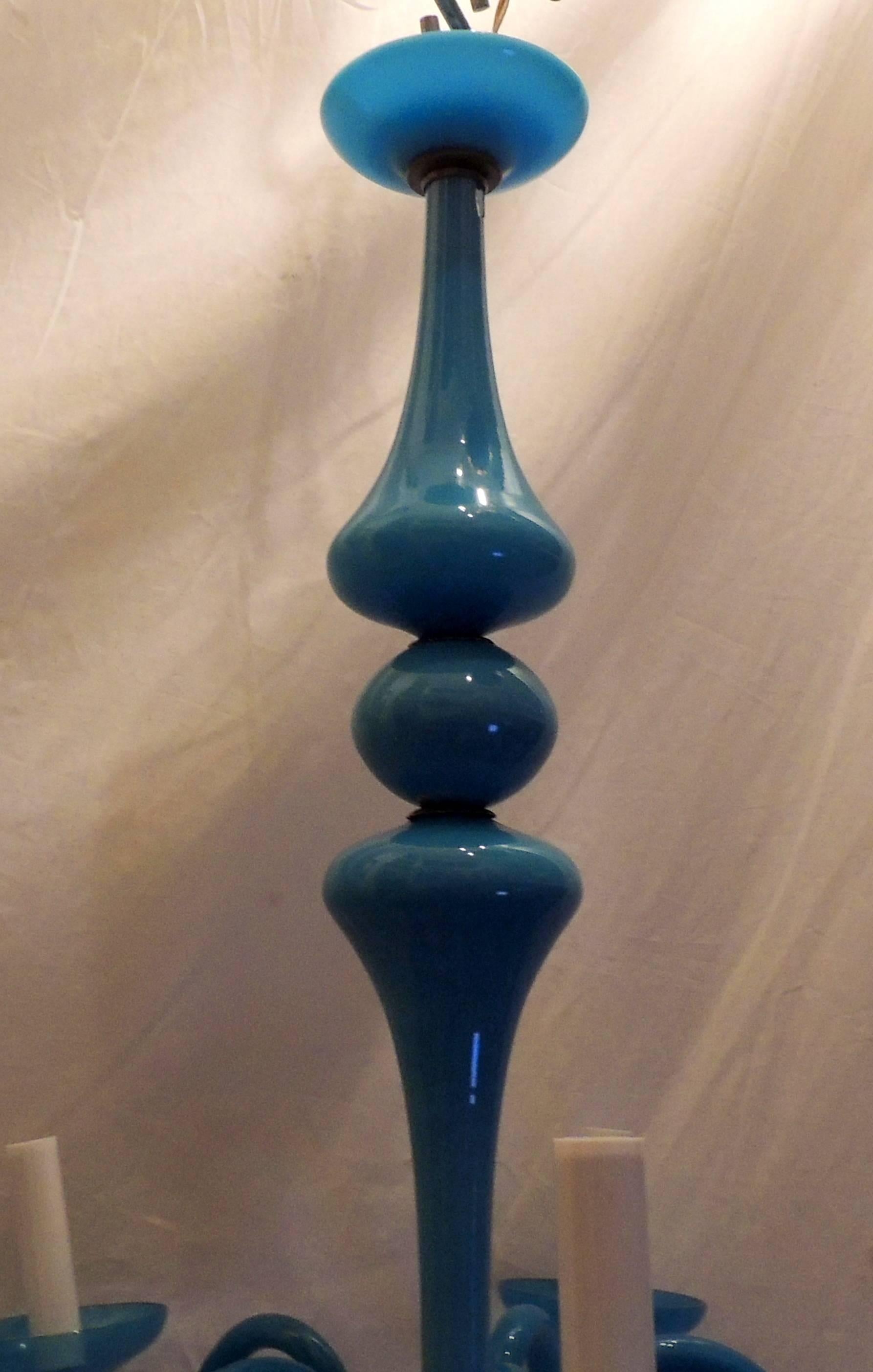 Mid-20th Century Wonderful French Blue Opaline Glass Brass Chandelier Five-Light Fixture