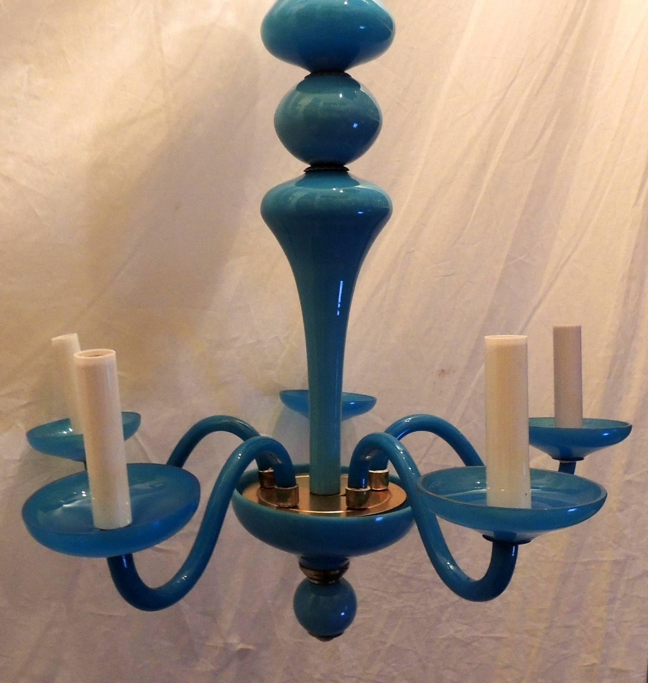 Wonderful French Blue Opaline Glass Brass Chandelier Five-Light Fixture 1