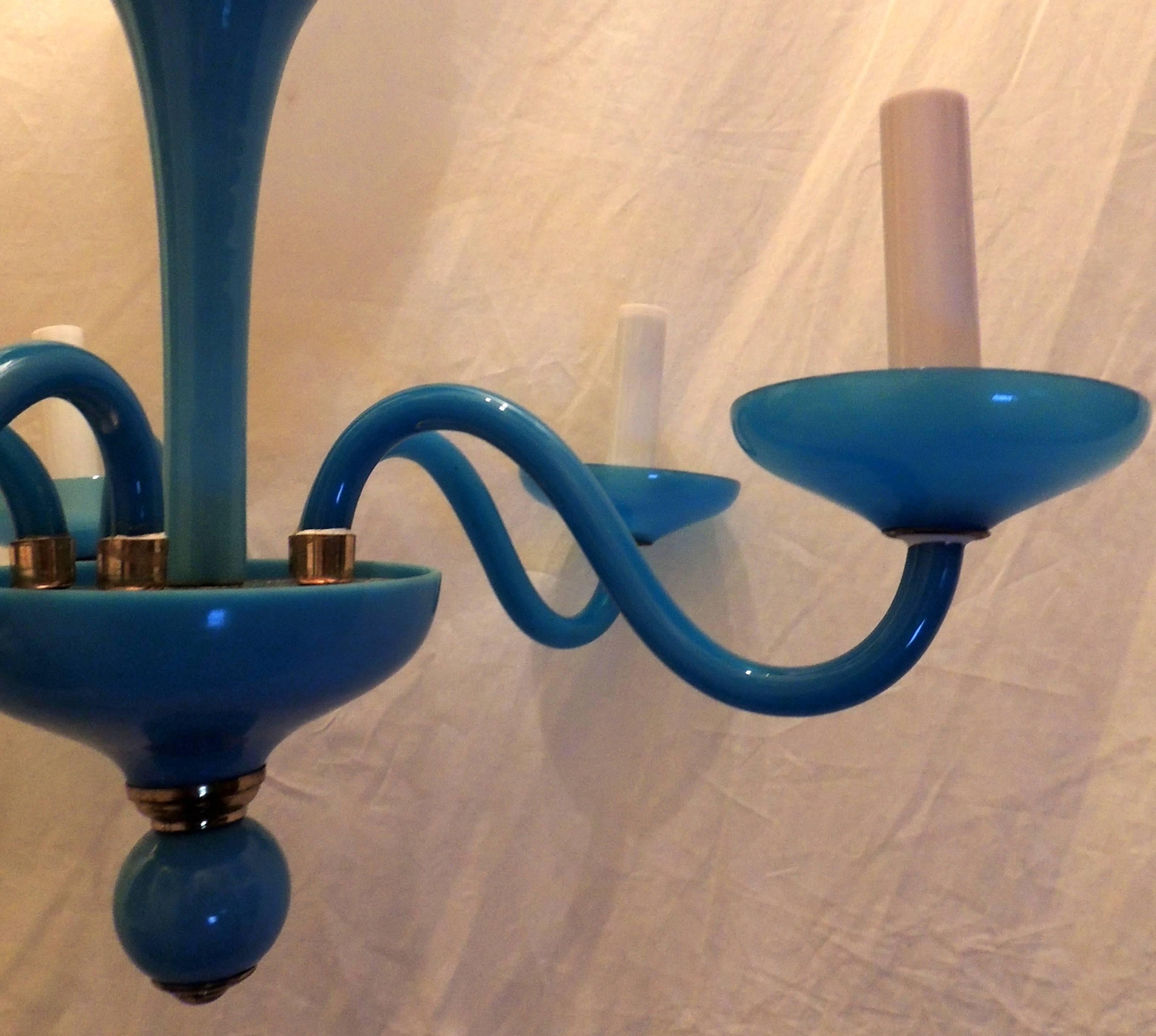 Wonderful French Blue Opaline Glass Brass Chandelier Five-Light Fixture 2