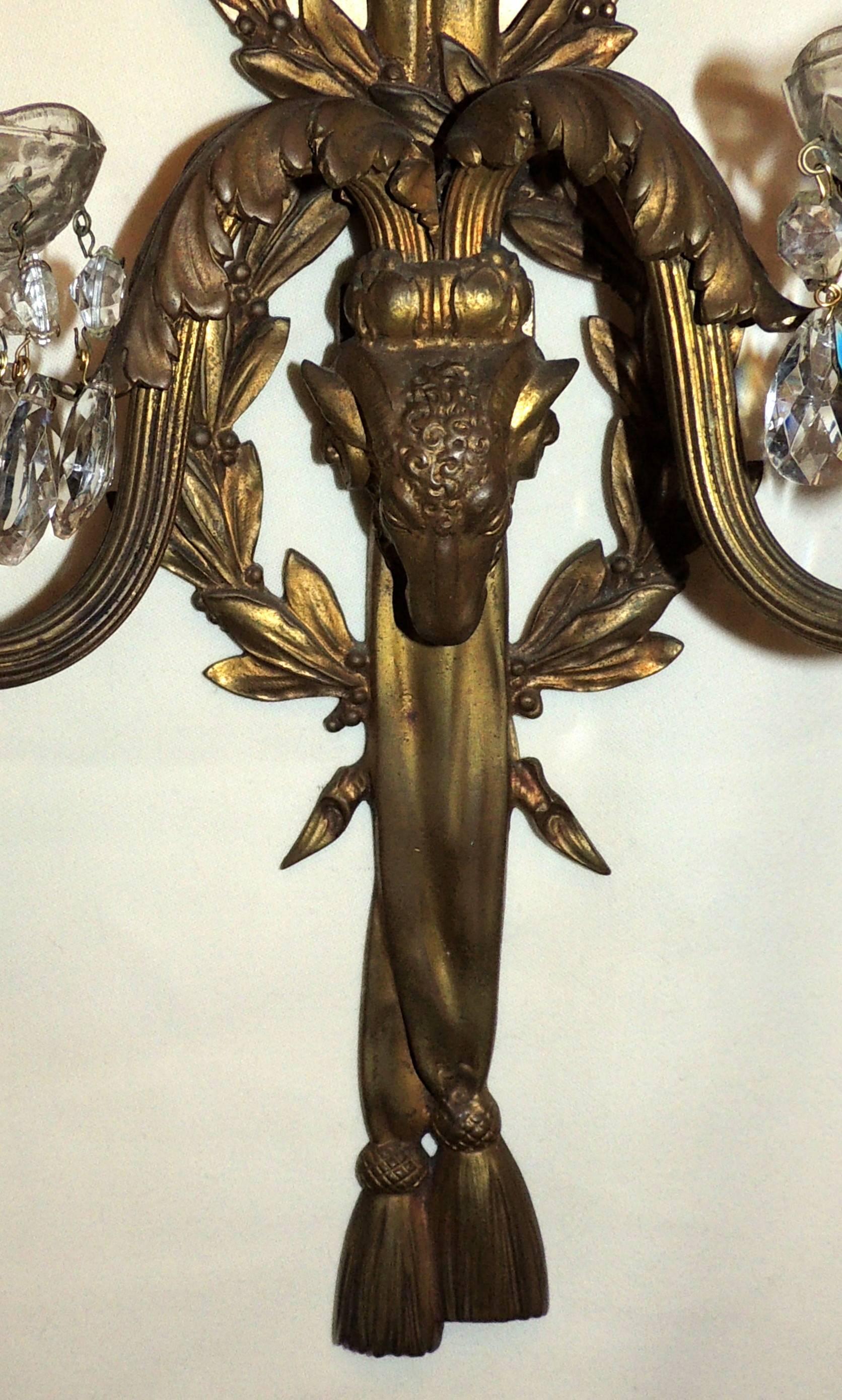 Regency Pair of Bronze Crystal Neoclassical Ram's Head Bow Top Wreath Tassel Sconces