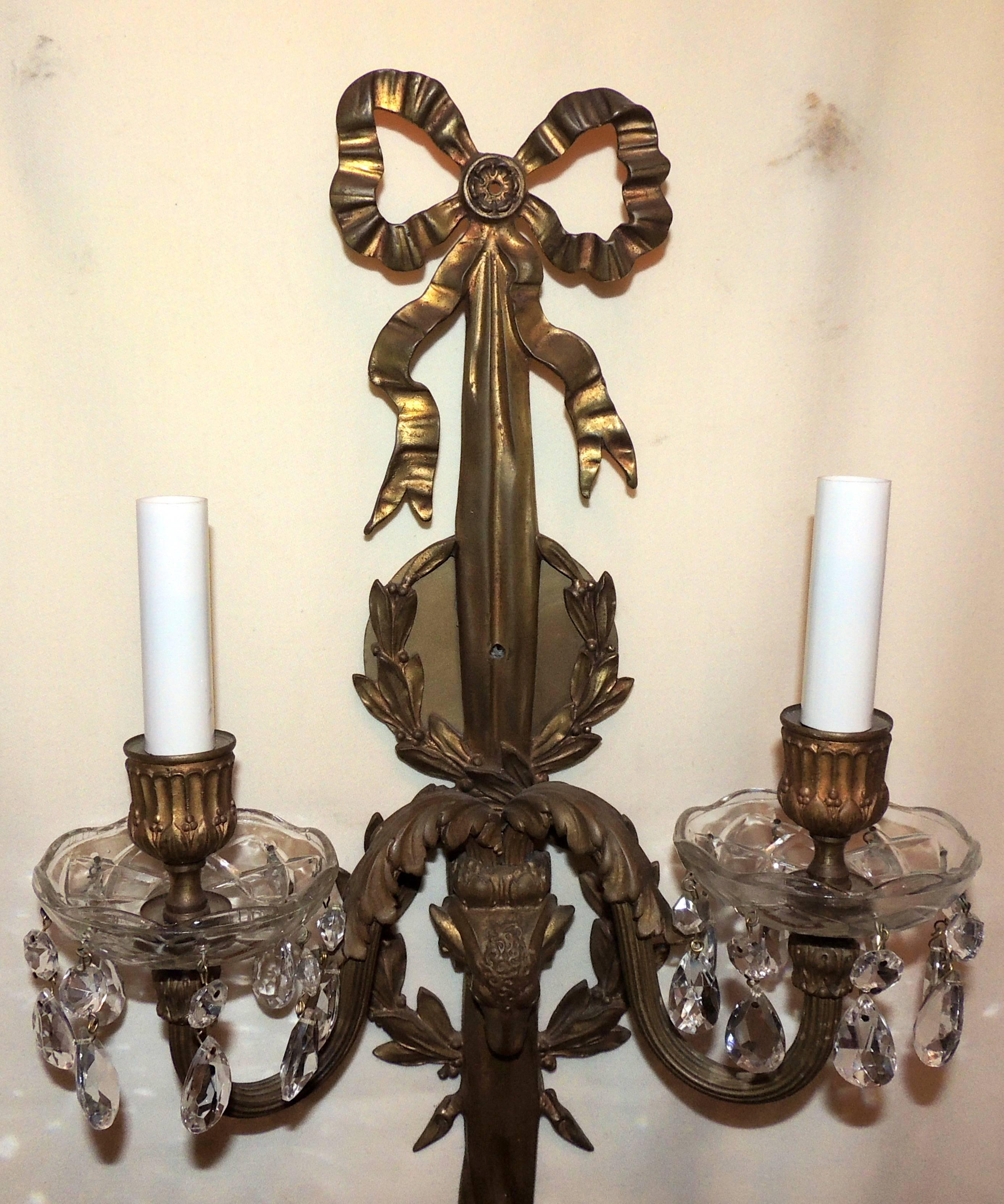 French Pair of Bronze Crystal Neoclassical Ram's Head Bow Top Wreath Tassel Sconces