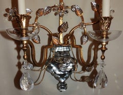 Pair of French Bagues Jansen Rock Crystal Gold Gilt Glass Two-Arm Sconces