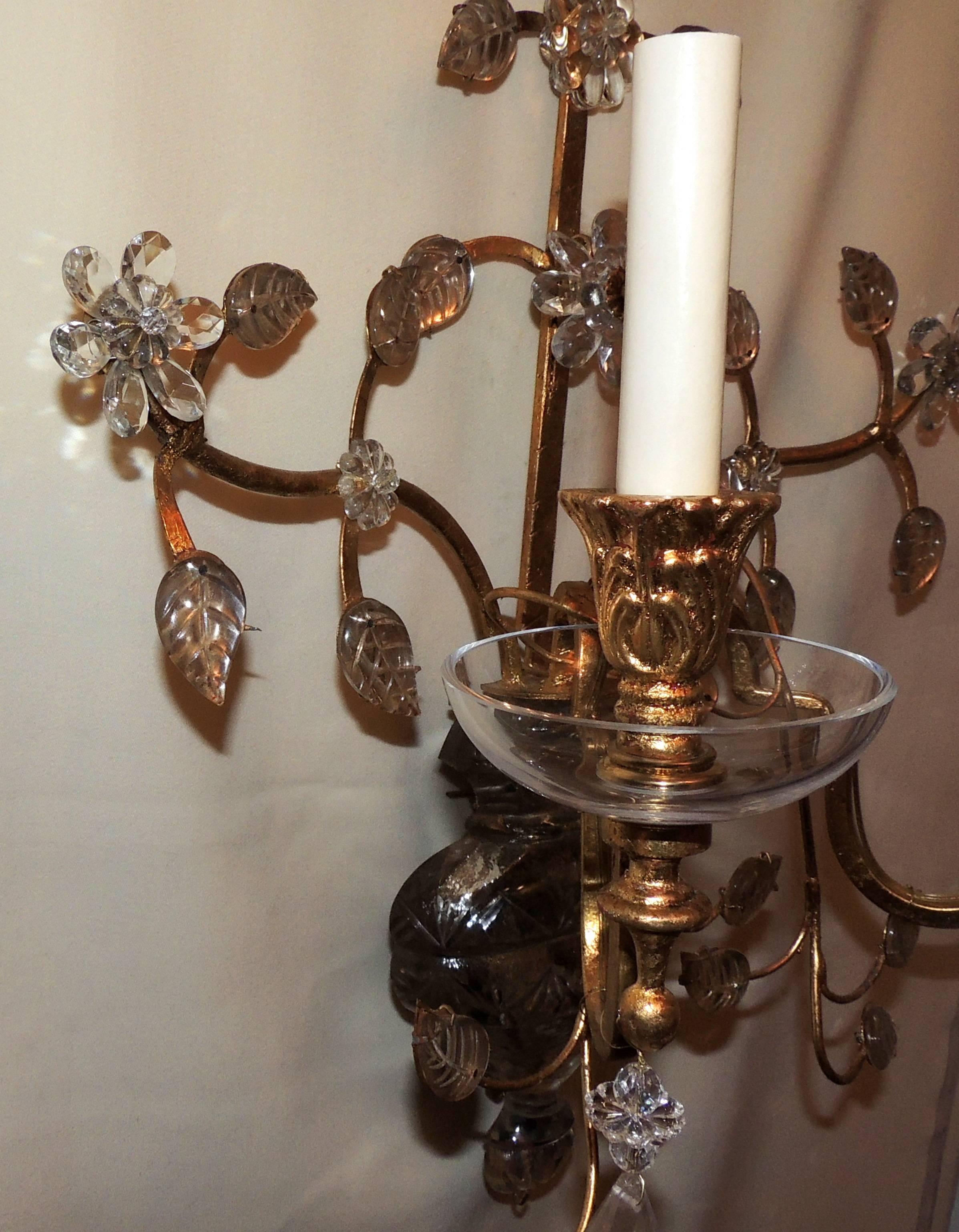 Pair of French Bagues Jansen Rock Crystal Gold Gilt Glass Two-Arm Sconces In Good Condition For Sale In Roslyn, NY