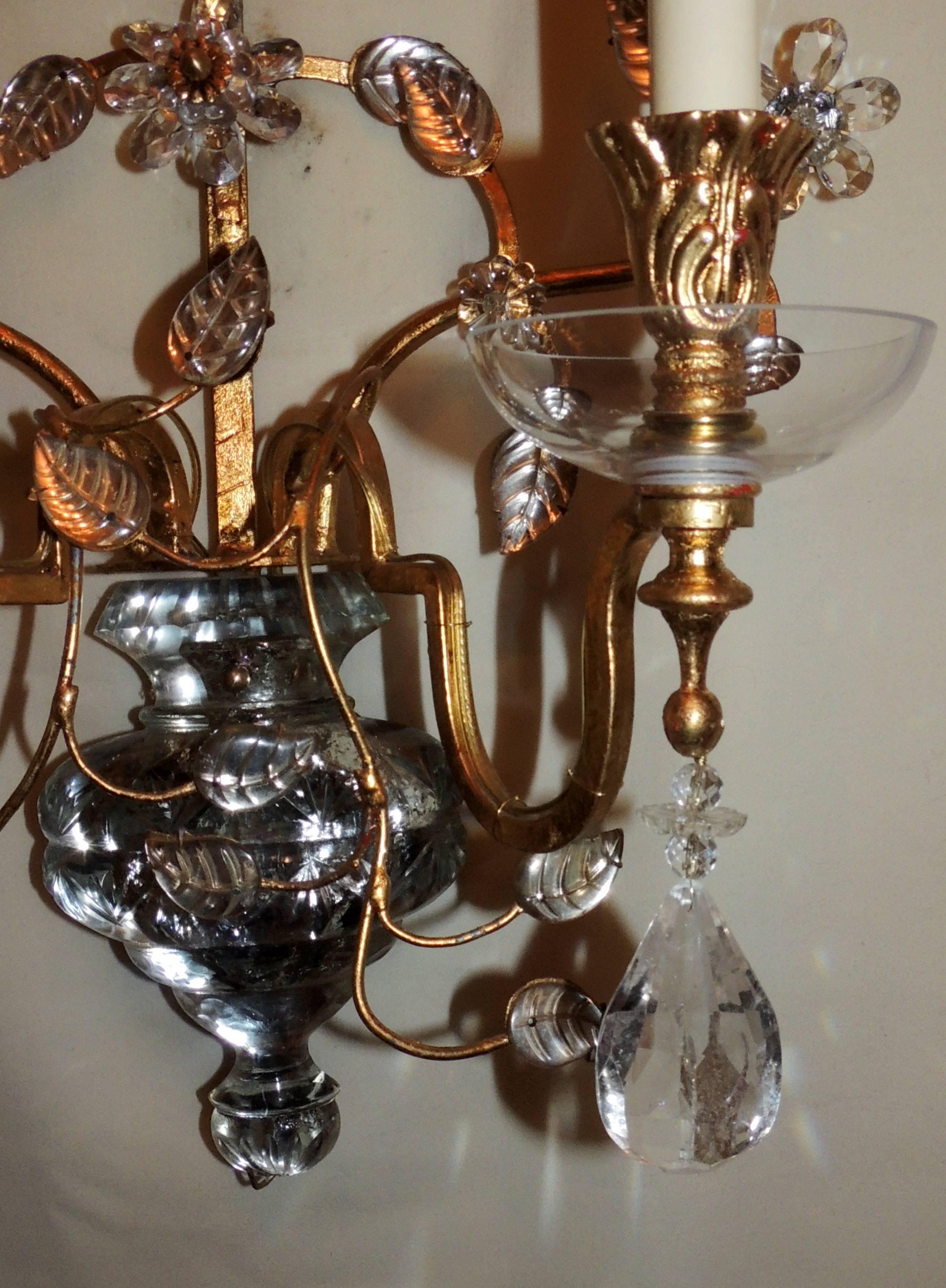 Mid-20th Century Pair of French Bagues Jansen Rock Crystal Gold Gilt Glass Two-Arm Sconces For Sale