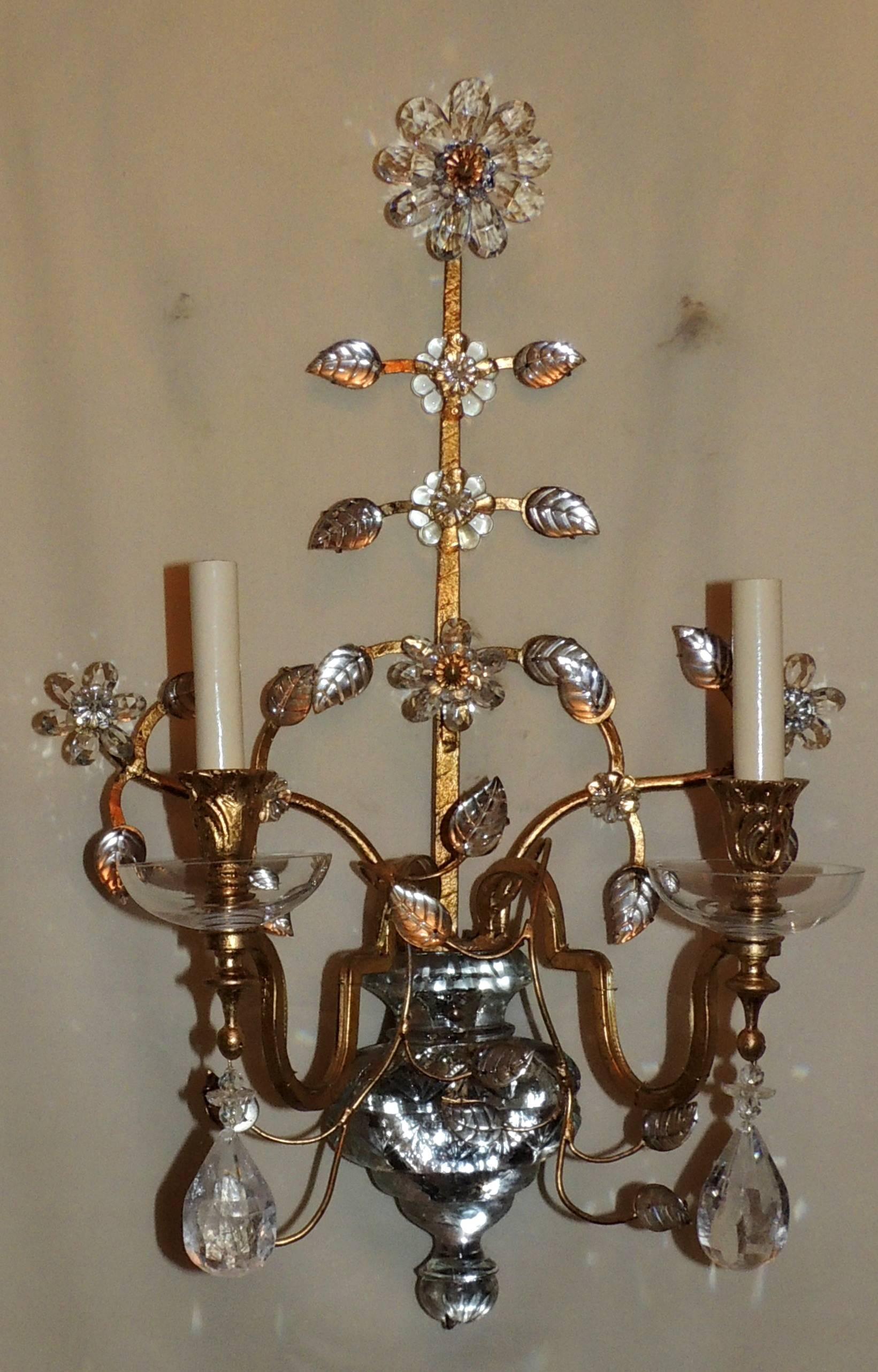 Pair of French Bagues Jansen Rock Crystal Gold Gilt Glass Two-Arm Sconces For Sale 1