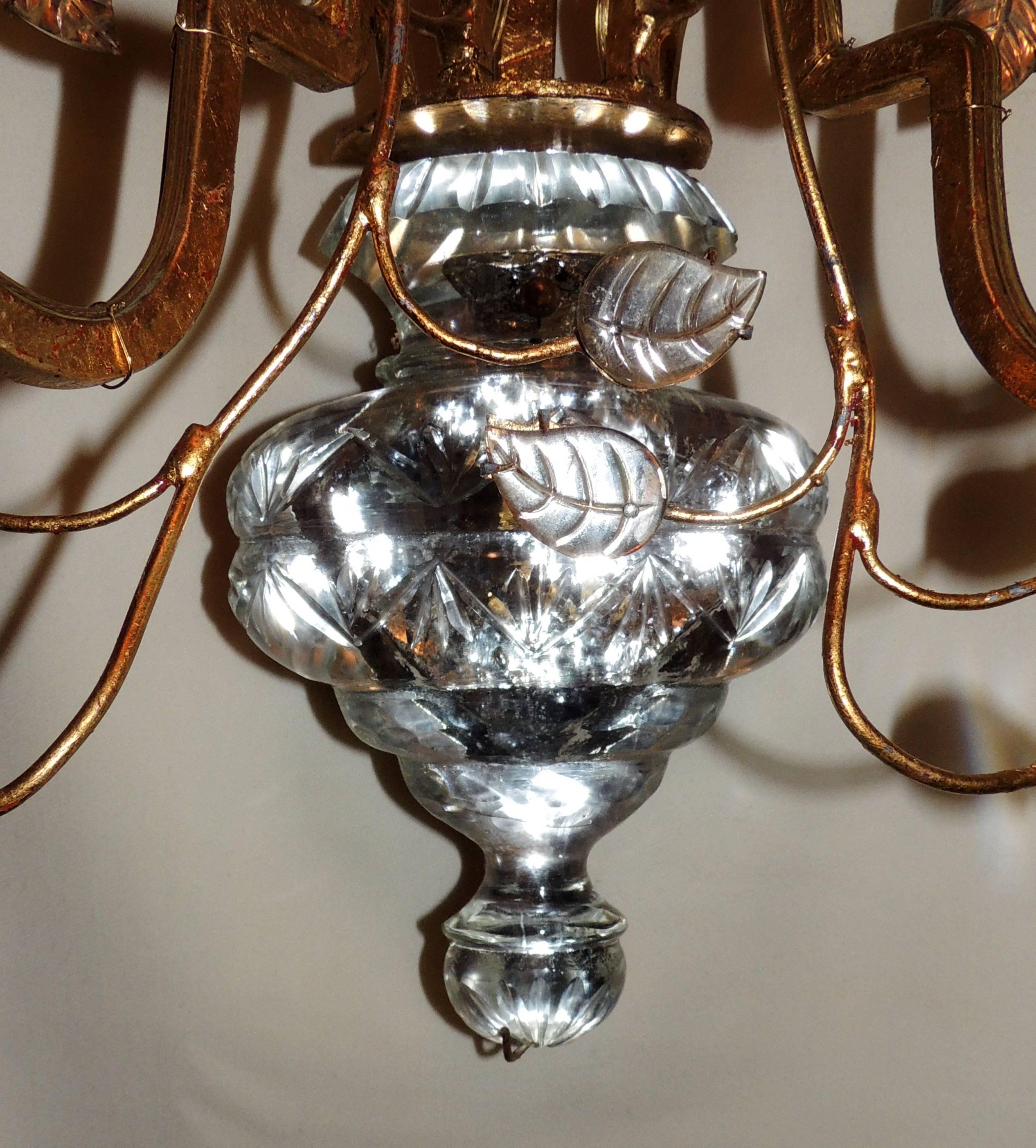 Pair of French Bagues Jansen Rock Crystal Gold Gilt Glass Two-Arm Sconces For Sale 2