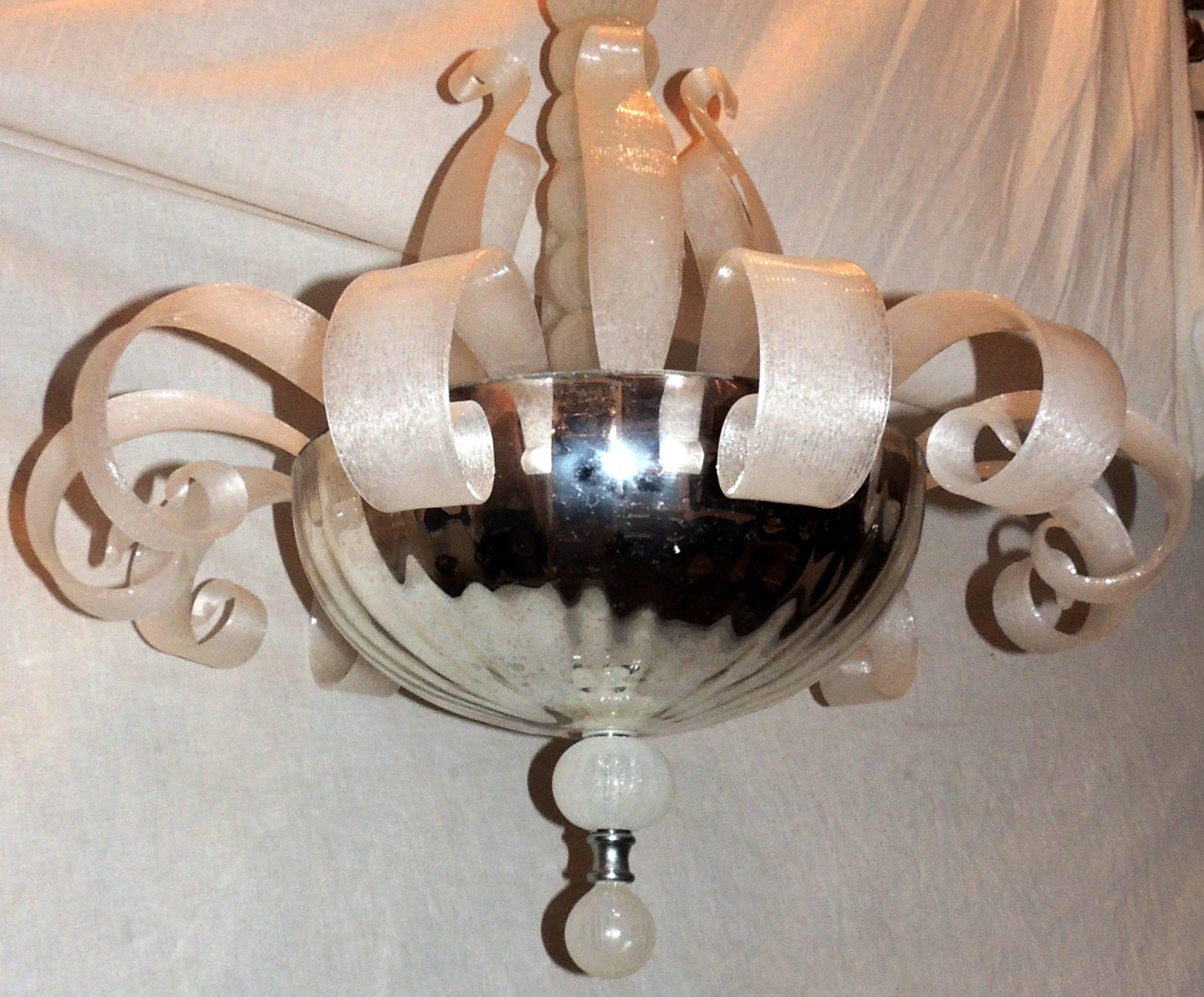 A wonderful Mid-Century Modern Venetian blown glass transitional fixture vintage leaf and ball form center with four Edison lights inside with 75 watts per socket.