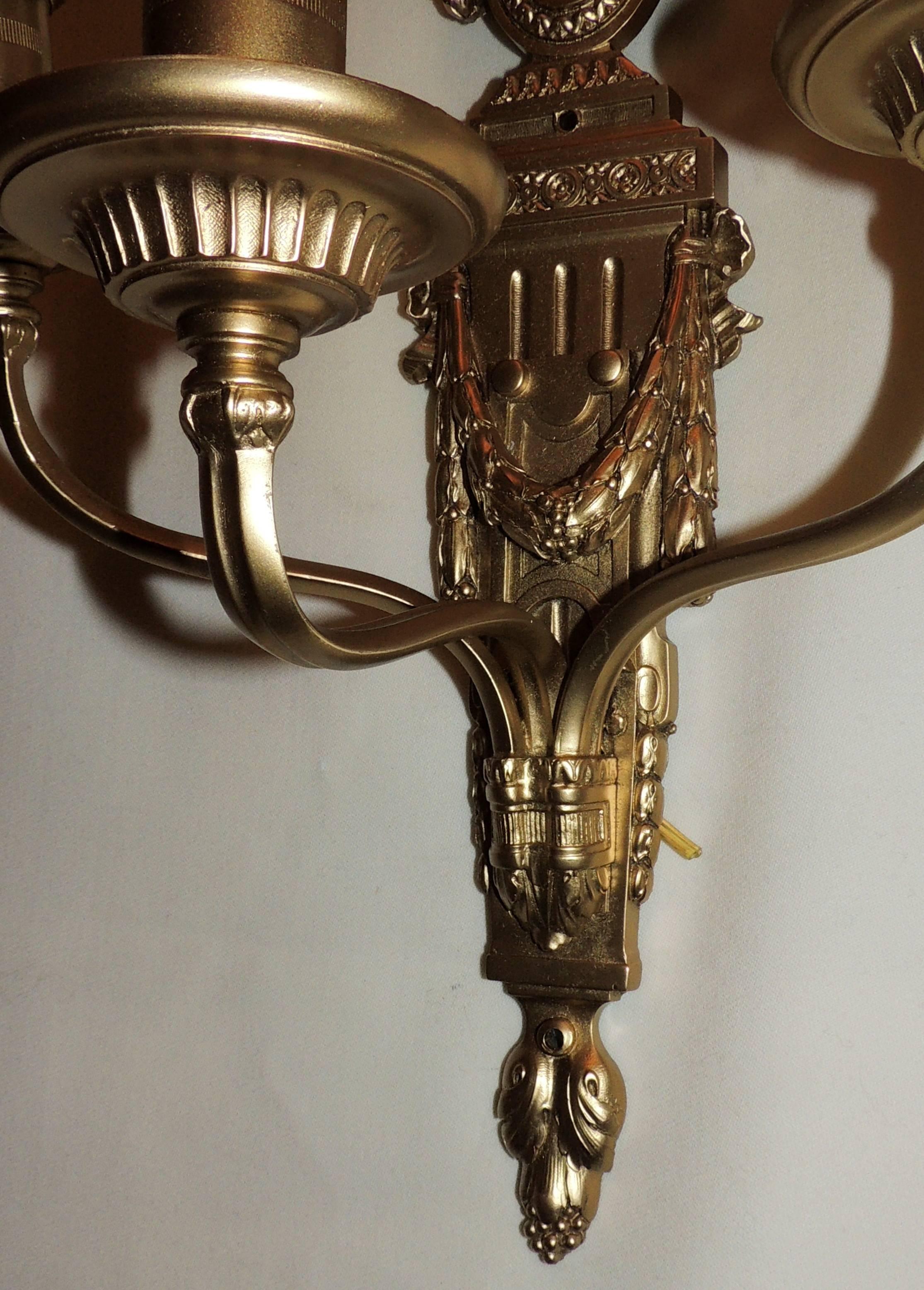 Pair of Gilt Bronze Neoclassical Bow Top Wreath Regency Sconces E.F. Caldwell In Good Condition In Roslyn, NY