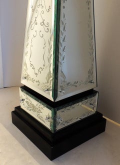 Lorin Marsh Pair of Mirrored Beveled Engraved Etched Obelisks Black Lacquered