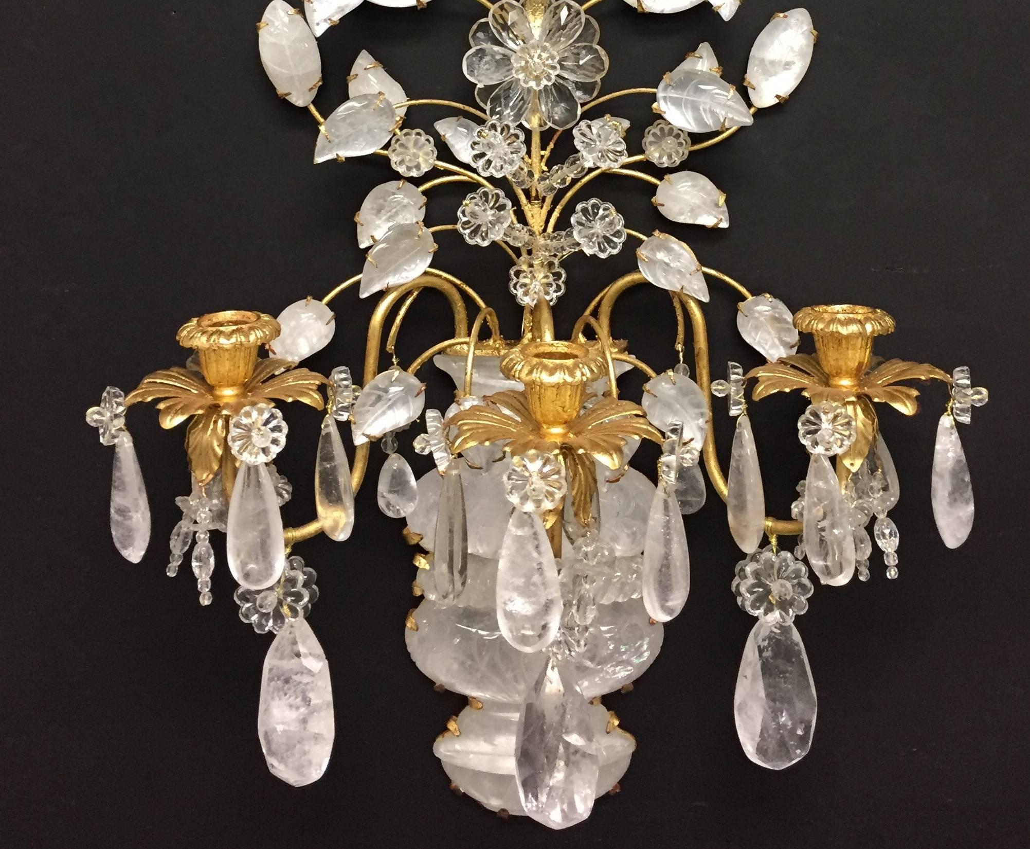 Italian Beautiful Pair of Gold Gilt Carved Rock Crystal Three-Arm Baguès Jansen Sconces