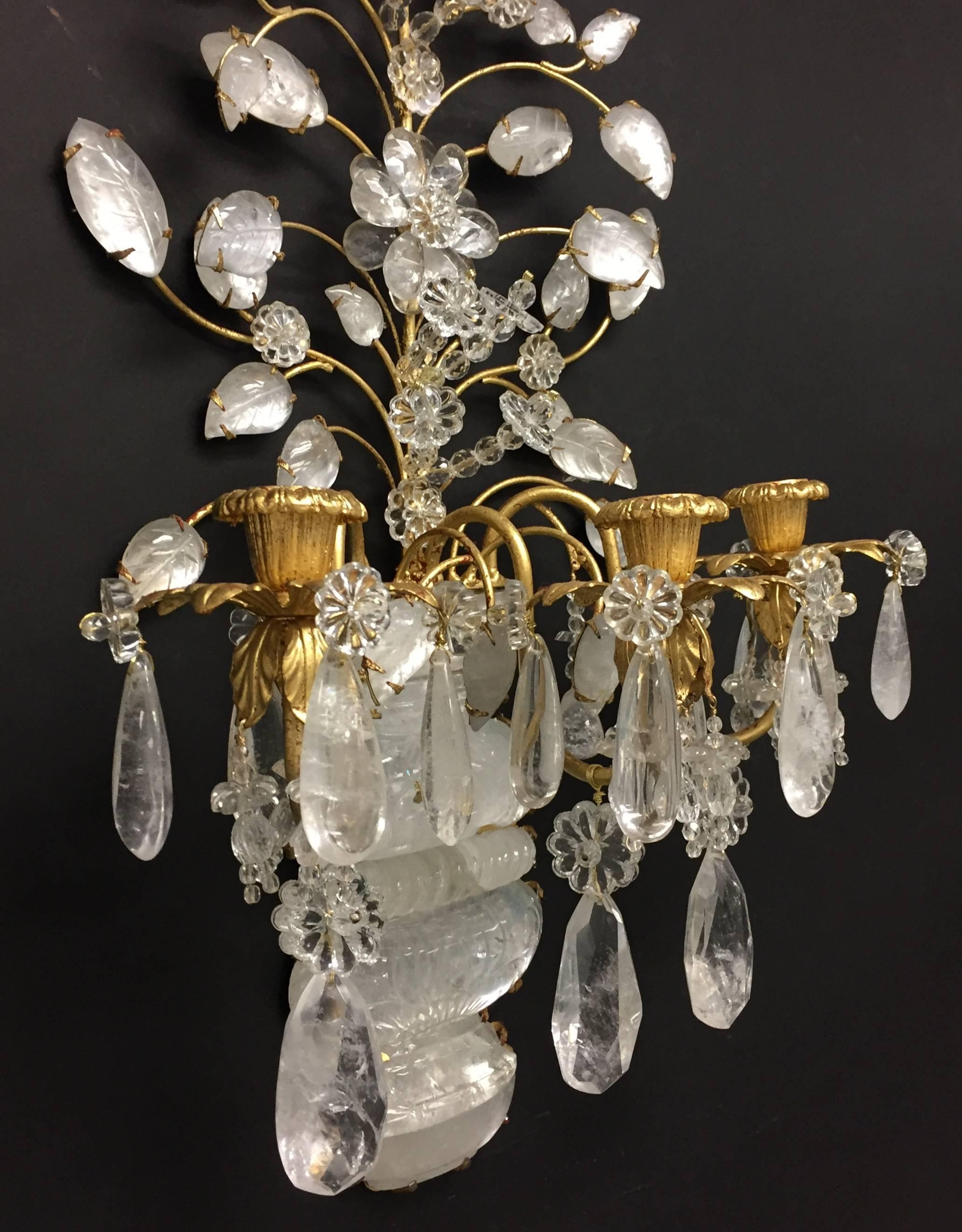 Beautiful Pair of Gold Gilt Carved Rock Crystal Three-Arm Baguès Jansen Sconces In Good Condition In Roslyn, NY
