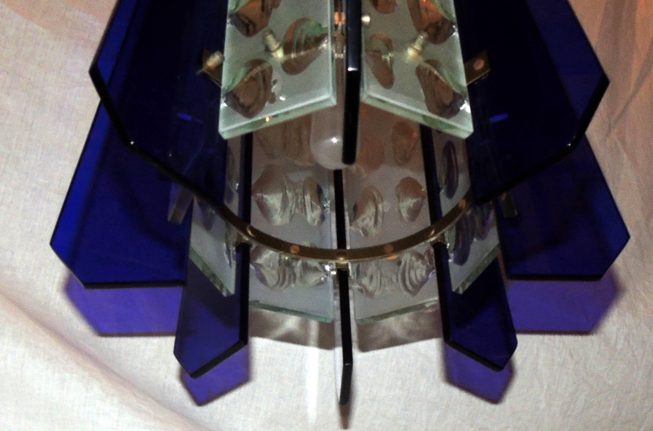 French Art Deco Mid-Century Modern Cobalt Blue Murano Frosted Glass Fixture In Good Condition In Roslyn, NY