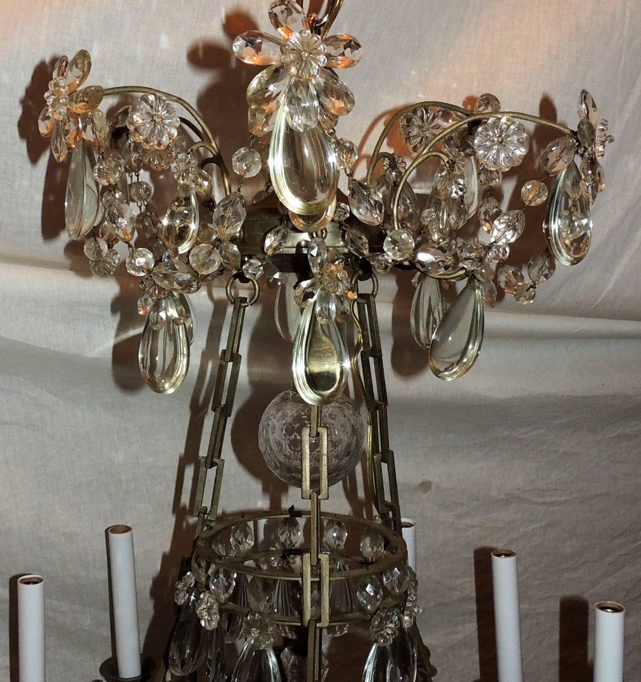 A beautiful French Louis XVI style brushed silvered bronze and crystal beaded and chain regency neoclassical chandelier.
