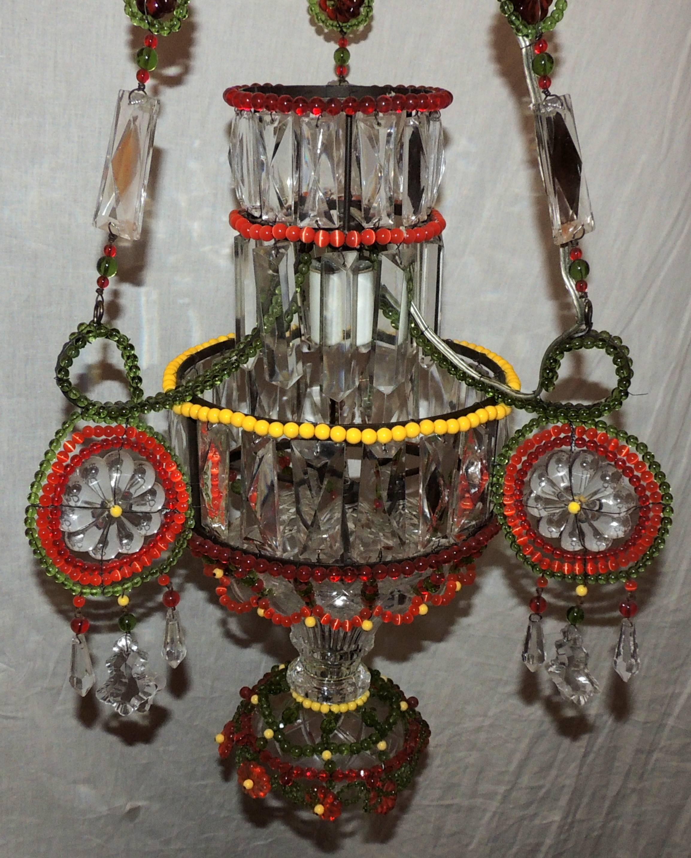 Mid-Century Modern Wonderful Pair of Multicolored Beaded Crystal Pendent Chandelier Light Fixture