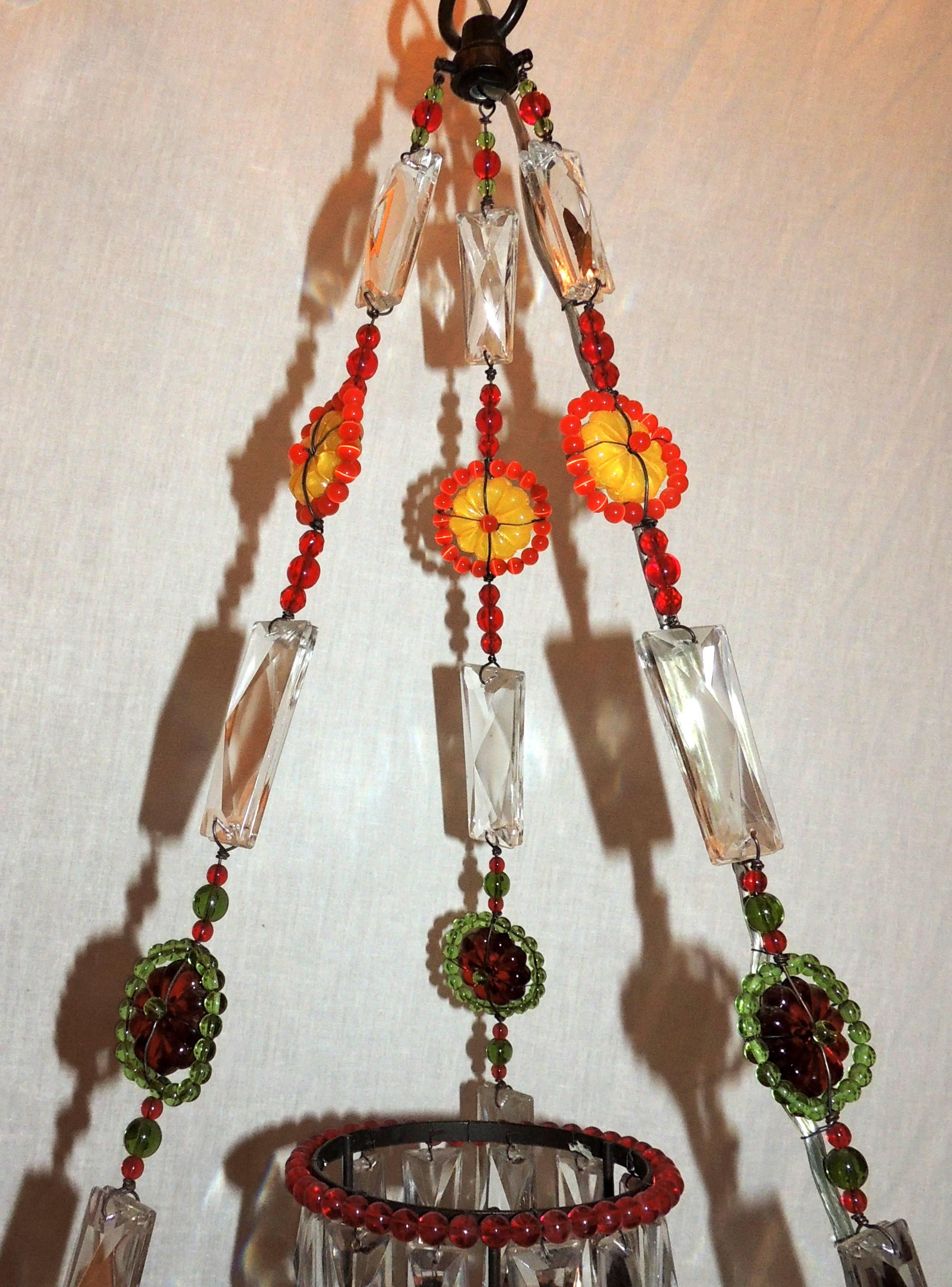 Wonderful Pair of Multicolored Beaded Crystal Pendent Chandelier Light Fixture In Good Condition In Roslyn, NY