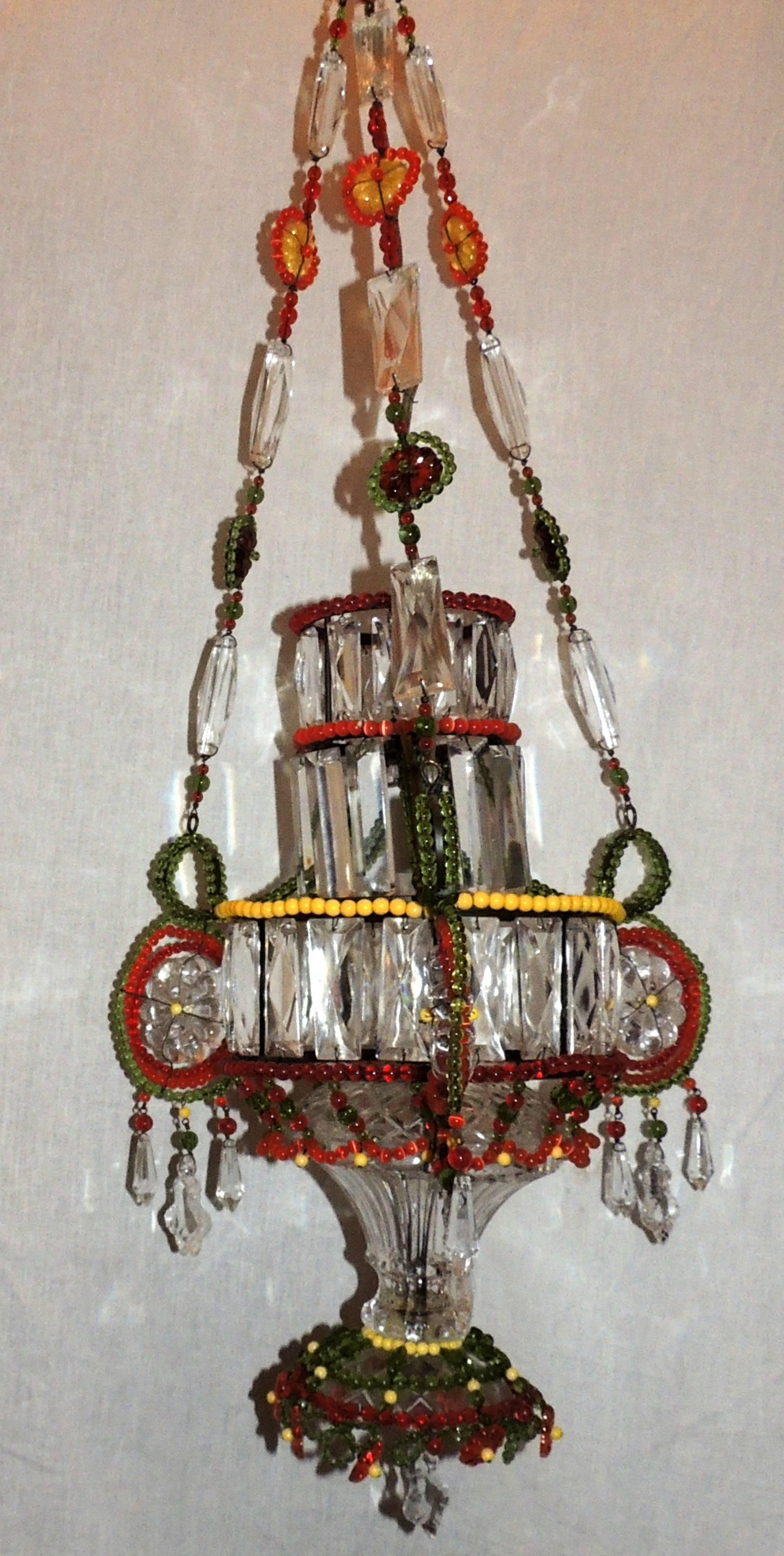 20th Century Wonderful Pair of Multicolored Beaded Crystal Pendent Chandelier Light Fixture