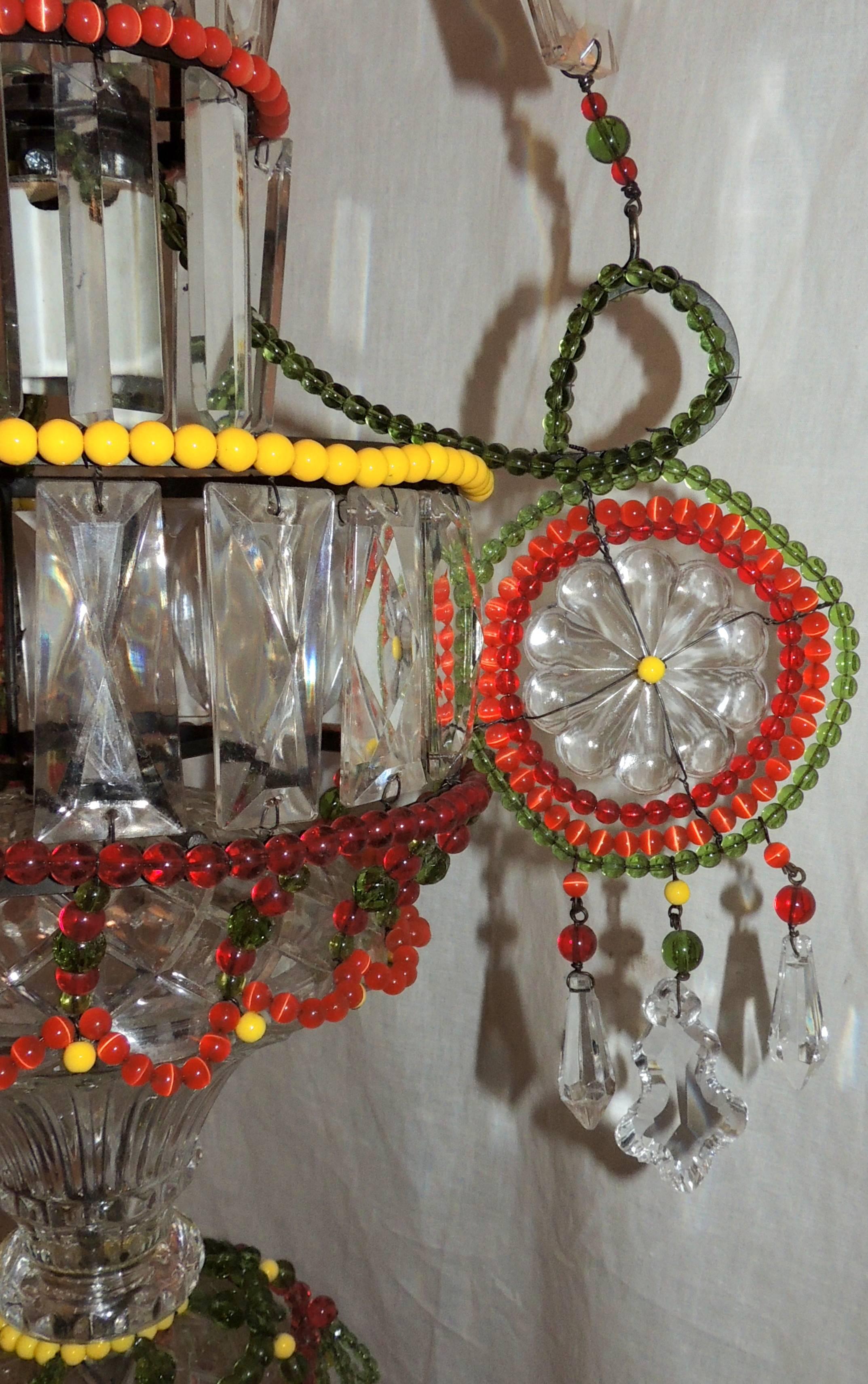 Wonderful Pair of Multicolored Beaded Crystal Pendent Chandelier Light Fixture 1