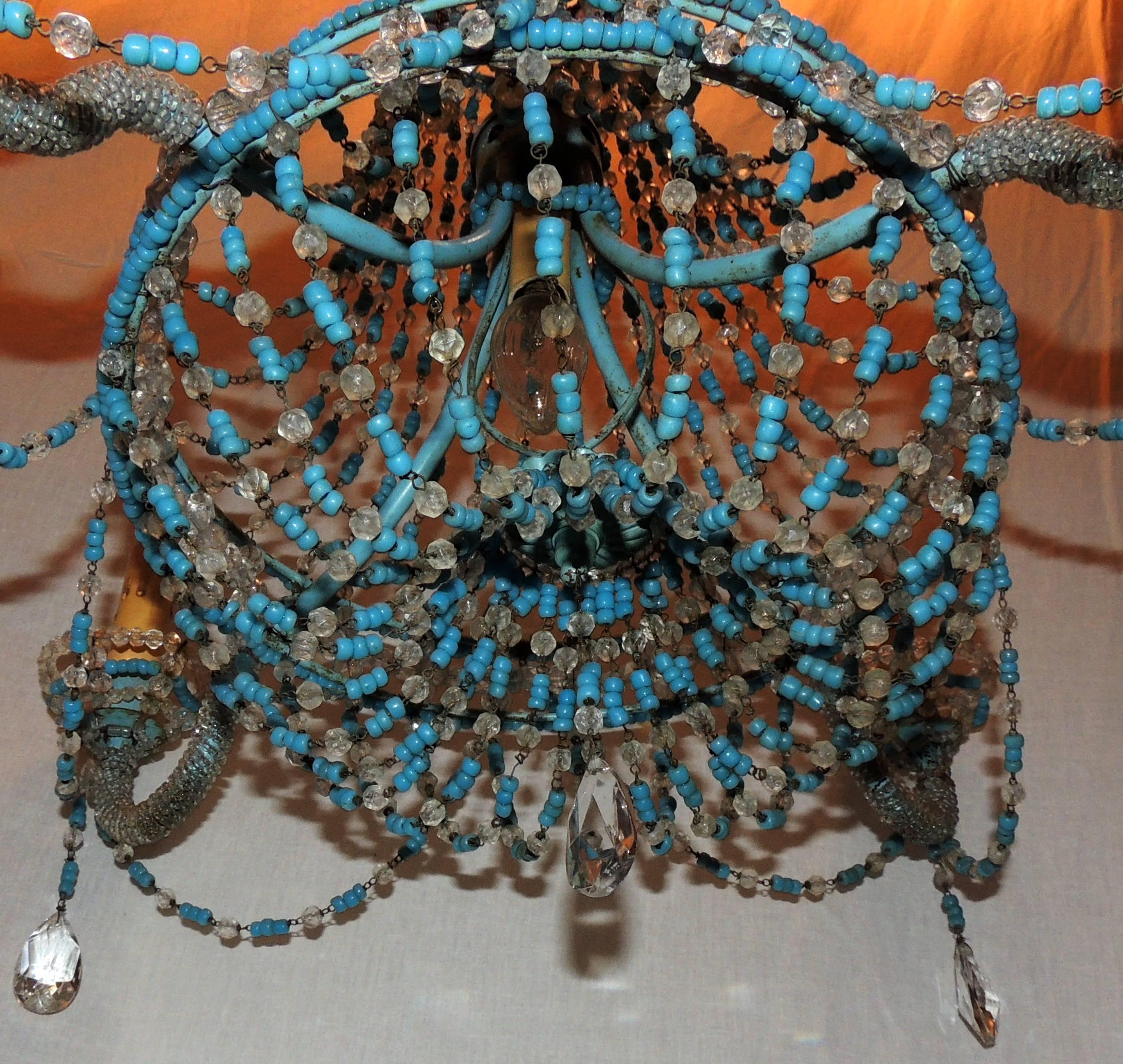 Vintage Pair of Turquoise Beaded Crystal Basket Chandelier Italian Swag Fixtures In Good Condition In Roslyn, NY