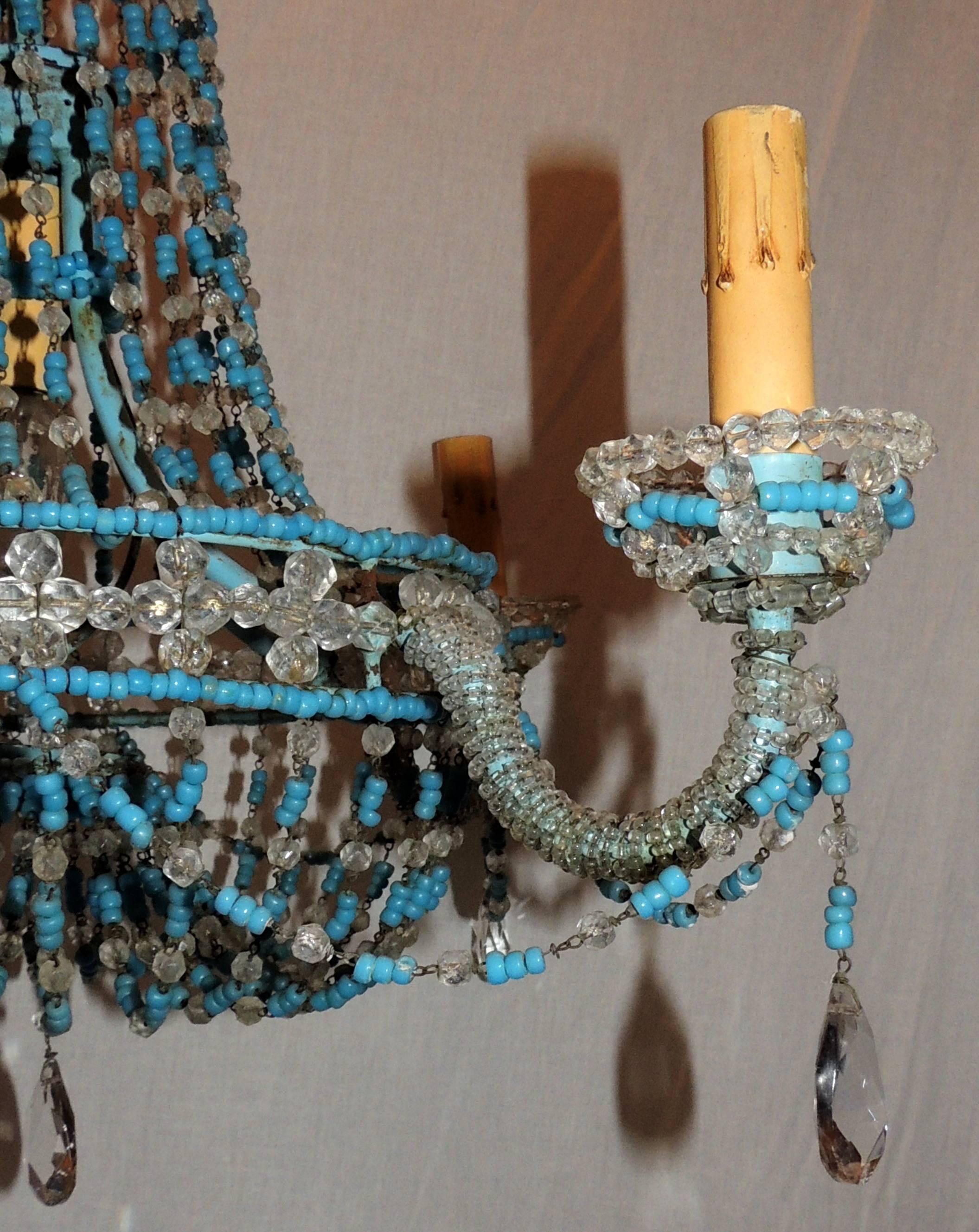 20th Century Vintage Pair of Turquoise Beaded Crystal Basket Chandelier Italian Swag Fixtures