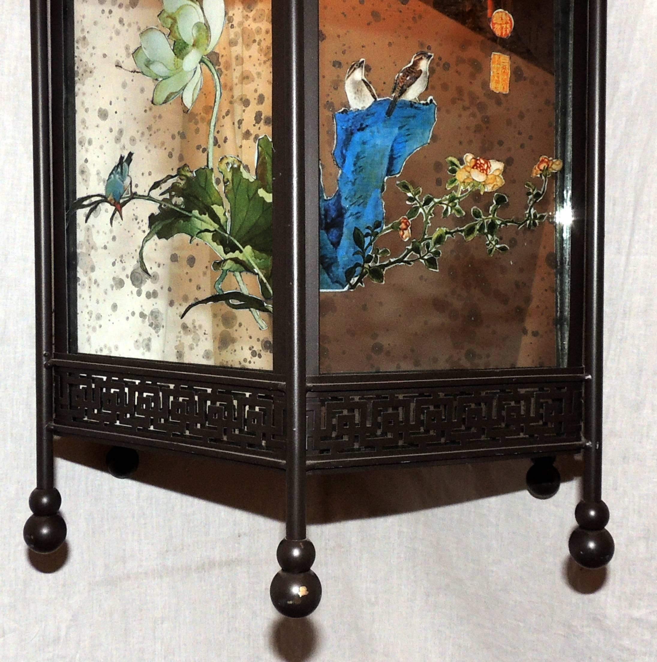 Hand-Painted Fine Chinoiserie Octagonal Mirrored Reverse Painted Patinated Lantern Pendent