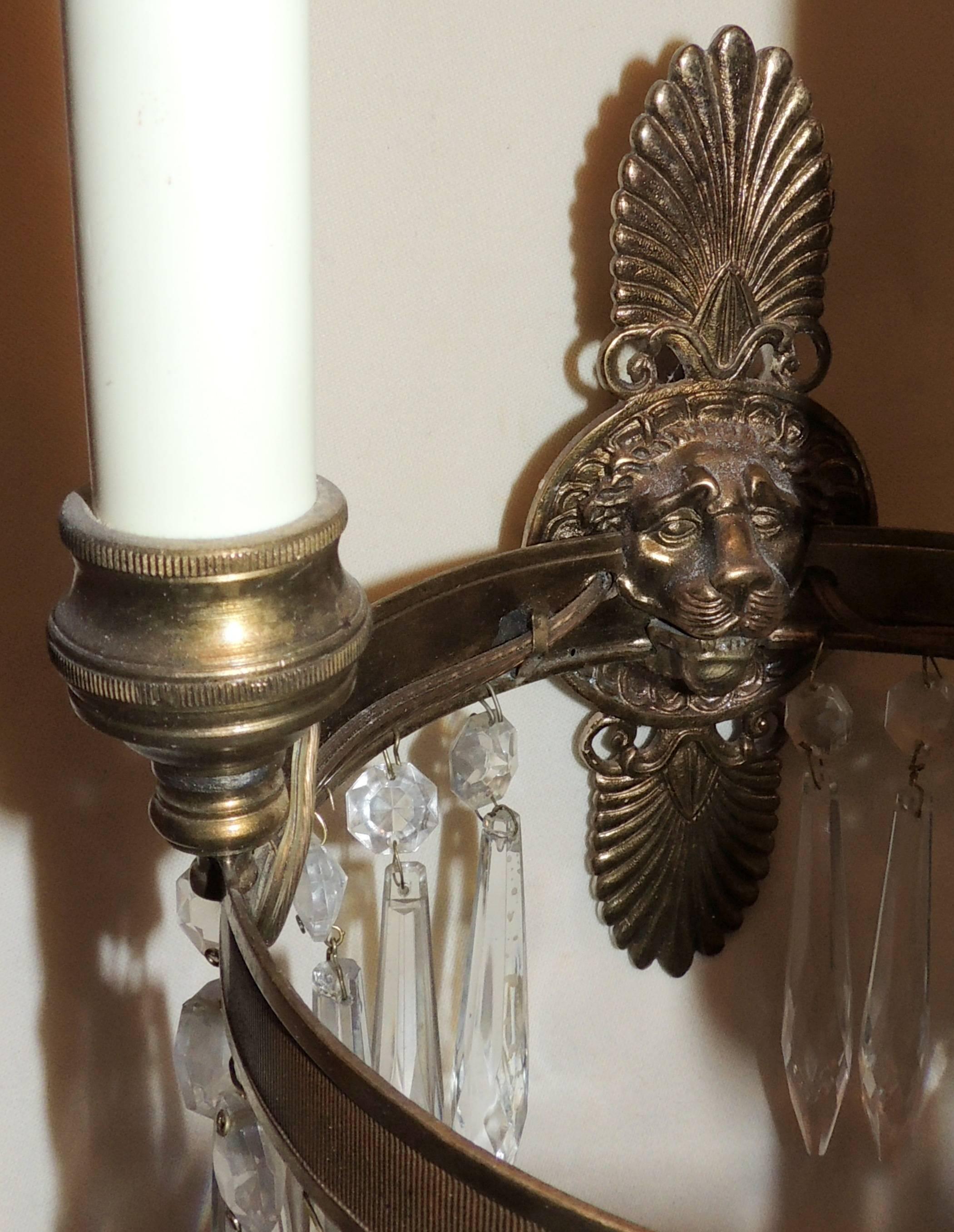 Mid-20th Century Pair of French Empire Regency Gilt Bronze Crystal Ring Lion Head Sconces