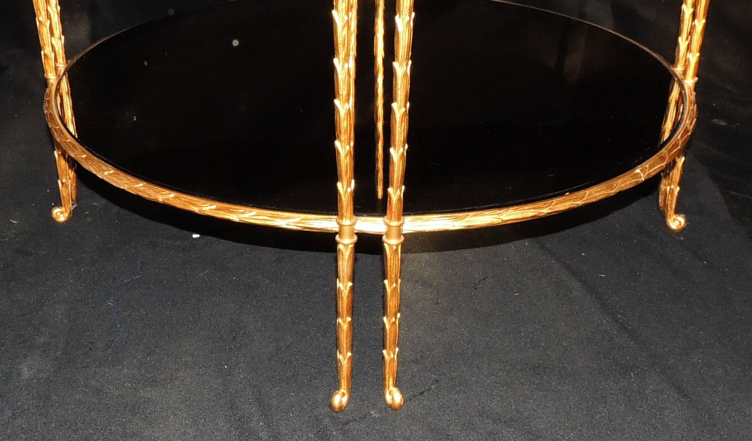 Belle Époque Elegant Gilt Bronze Leaf Maison Bagues Guerin Two-Tier Smoke Mirrored Side Table