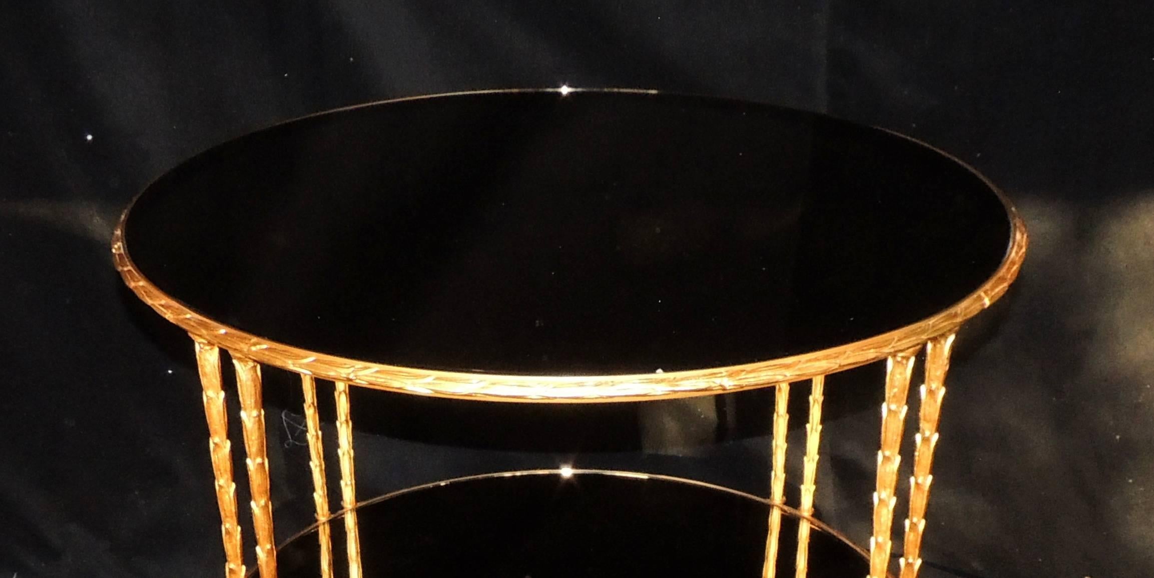 Elegant Gilt Bronze Leaf Maison Bagues Guerin Two-Tier Smoke Mirrored Side Table In Good Condition In Roslyn, NY