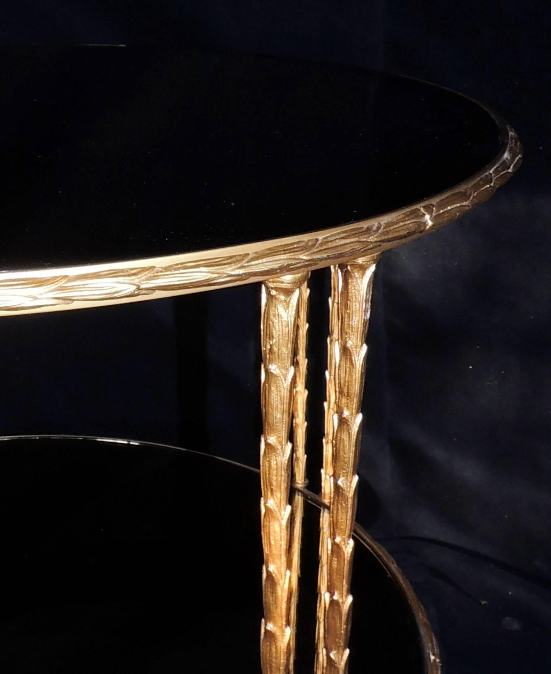 Elegant Gilt Bronze Leaf Maison Bagues Guerin Two-Tier Smoke Mirrored Side Table 1