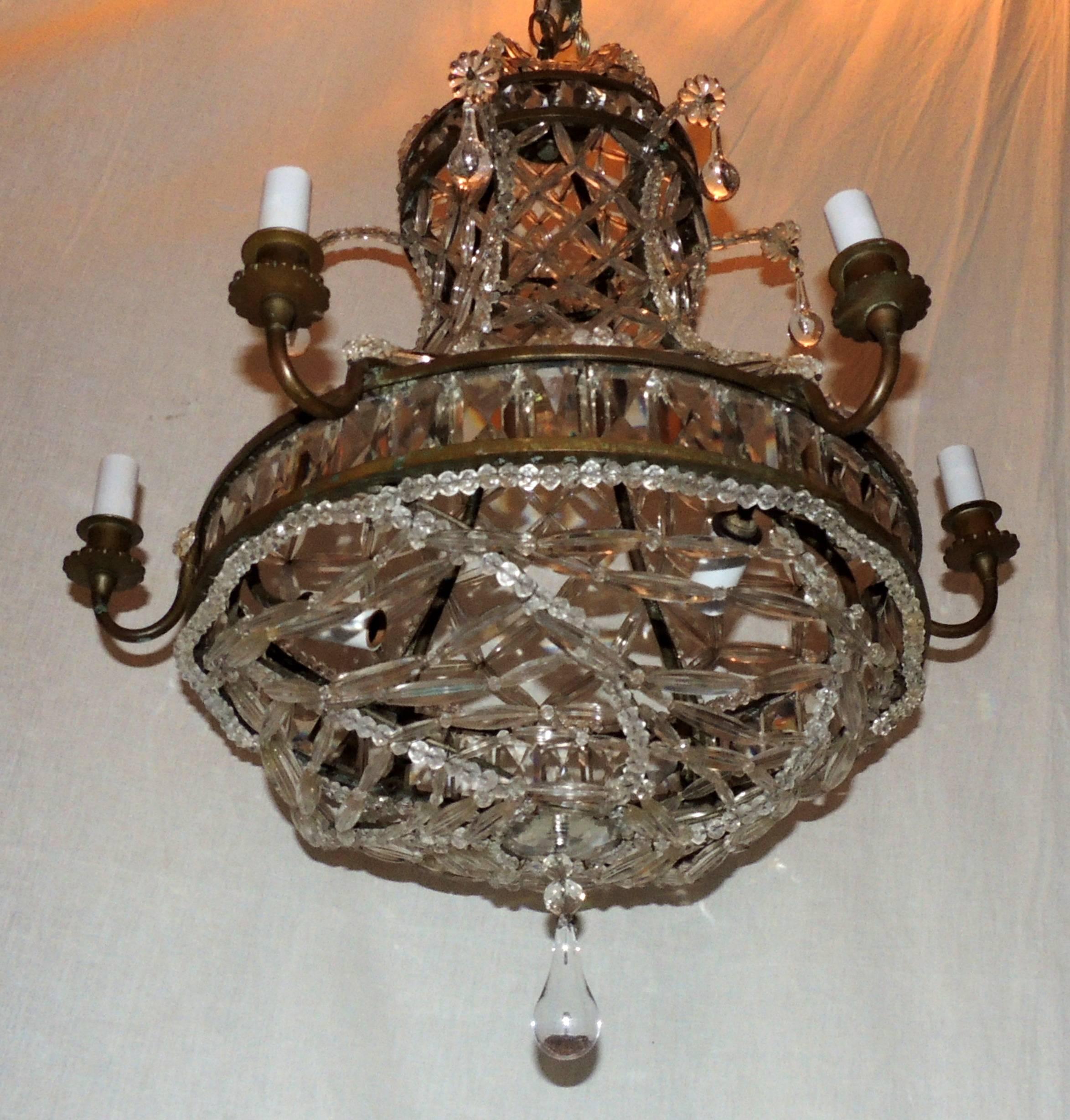 Wonderful French Bronze Crystal Lattice Beaded Basket Drop Chandelier Fixture In Good Condition For Sale In Roslyn, NY