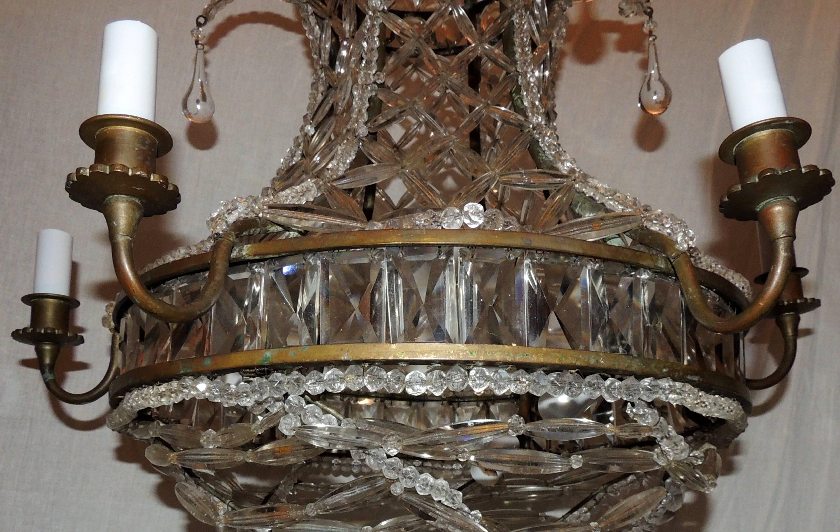 Wunderschöne französische Bronze-Kristall-Gitter-Perlenkorb-Kronleuchter-Leuchte im Angebot 1